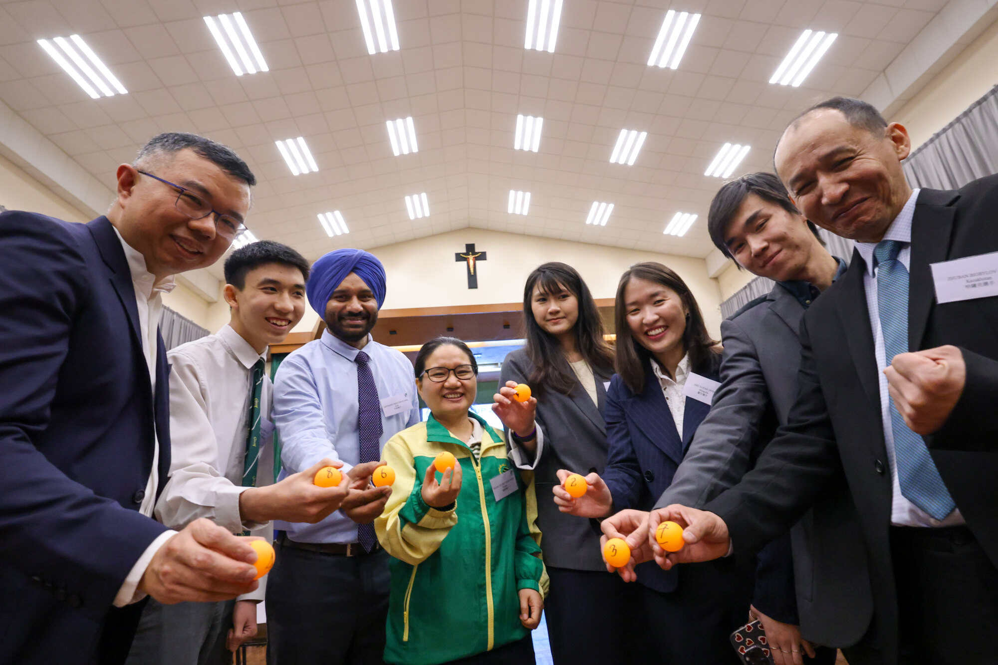 From left: World-class chess players Daniel Lam and Boris Chan from Hong Kong, Arvinder Preet Singh from India, Hoang Thi Bao Tram from Vietnam, Zhao Shengxin from China, Anu Bayar from Mongolia, and Abilmansur Abdilkhair and Zhuban Bigbylov from Kazakhstan at St Joseph’s College Cup 2025 International Chess Championship. Photo: Nora Tam