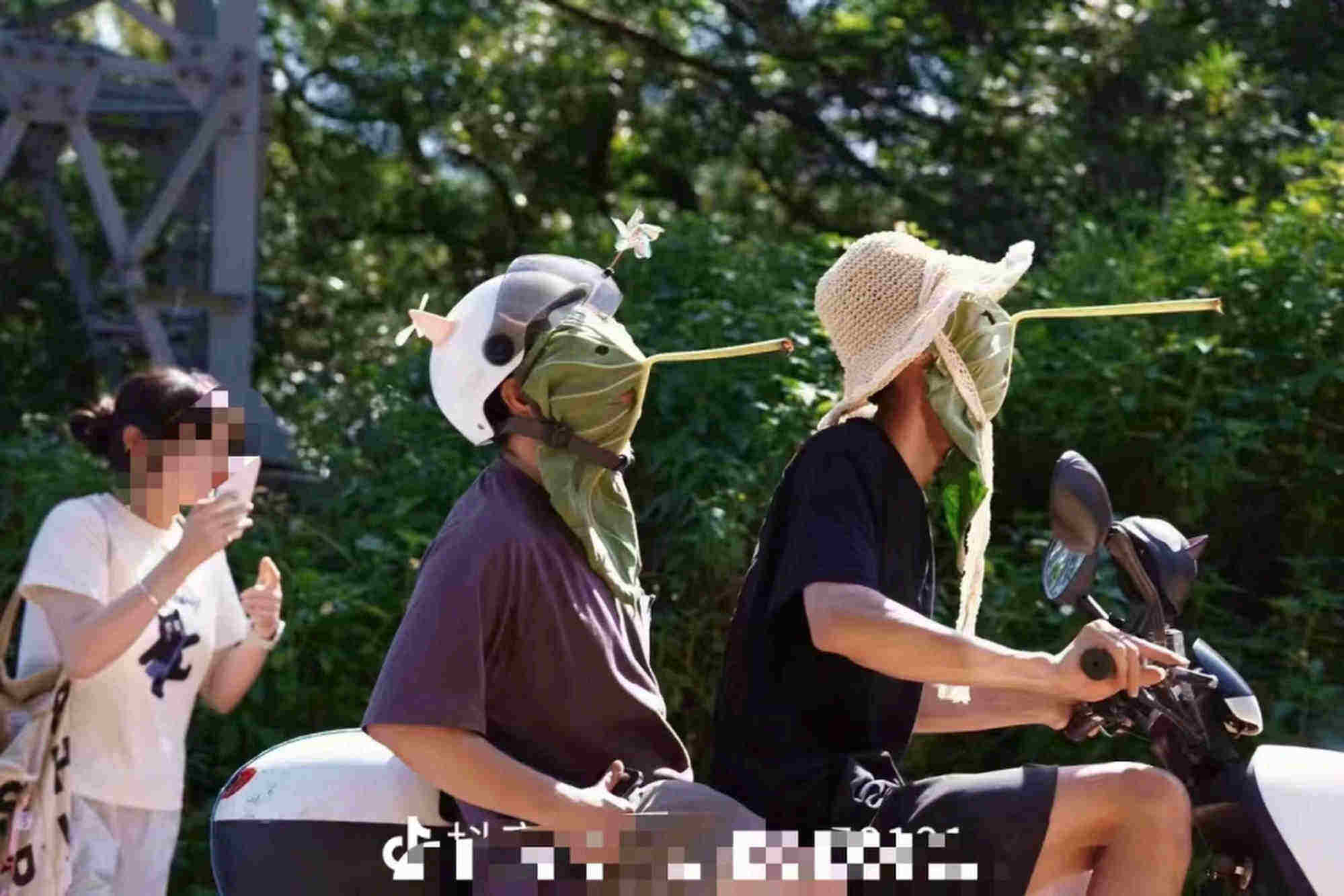 Young people in China are making full-face sun protection masks from giant lotus leaves. Photo: QQ.com