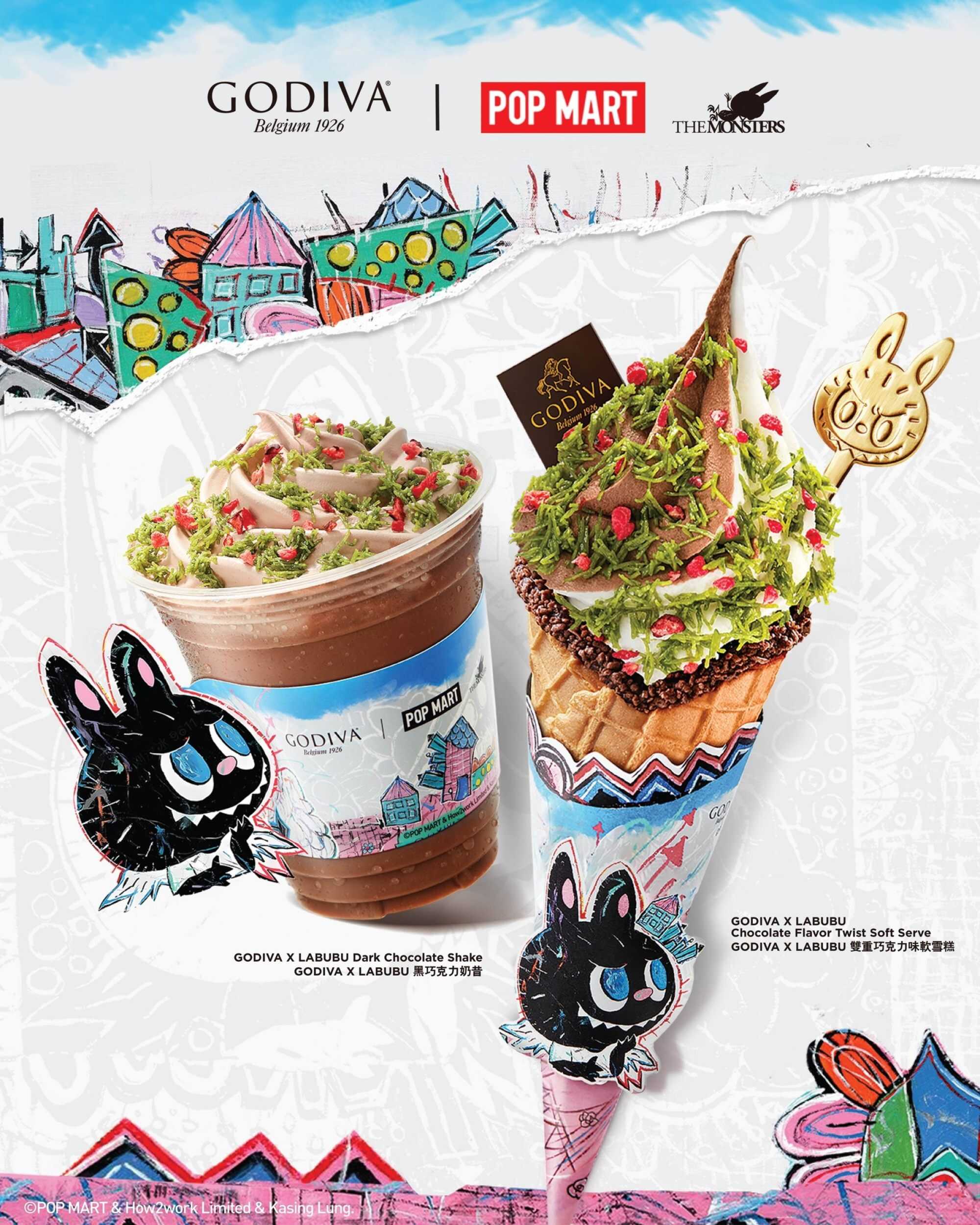 A promotional photo for Godiva’s collaboration with Pop Mart, featuring pistachio flavours and Kasing Lung’s character Labubu from his series ‘The Monsters’.
