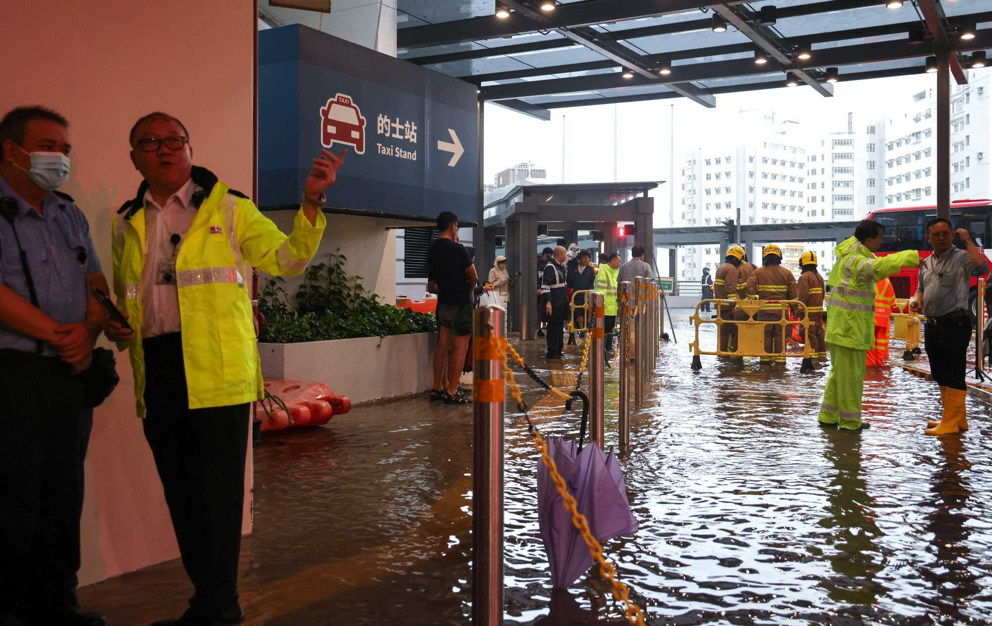 Severe flooding on some roads at Queen Mary Hospital disrupted emergency services, prompting the Fire Services Department to send patients to Ruttonjee Hospital in Wan Chai, the Hospital Authority said. Photo: Karma Lo