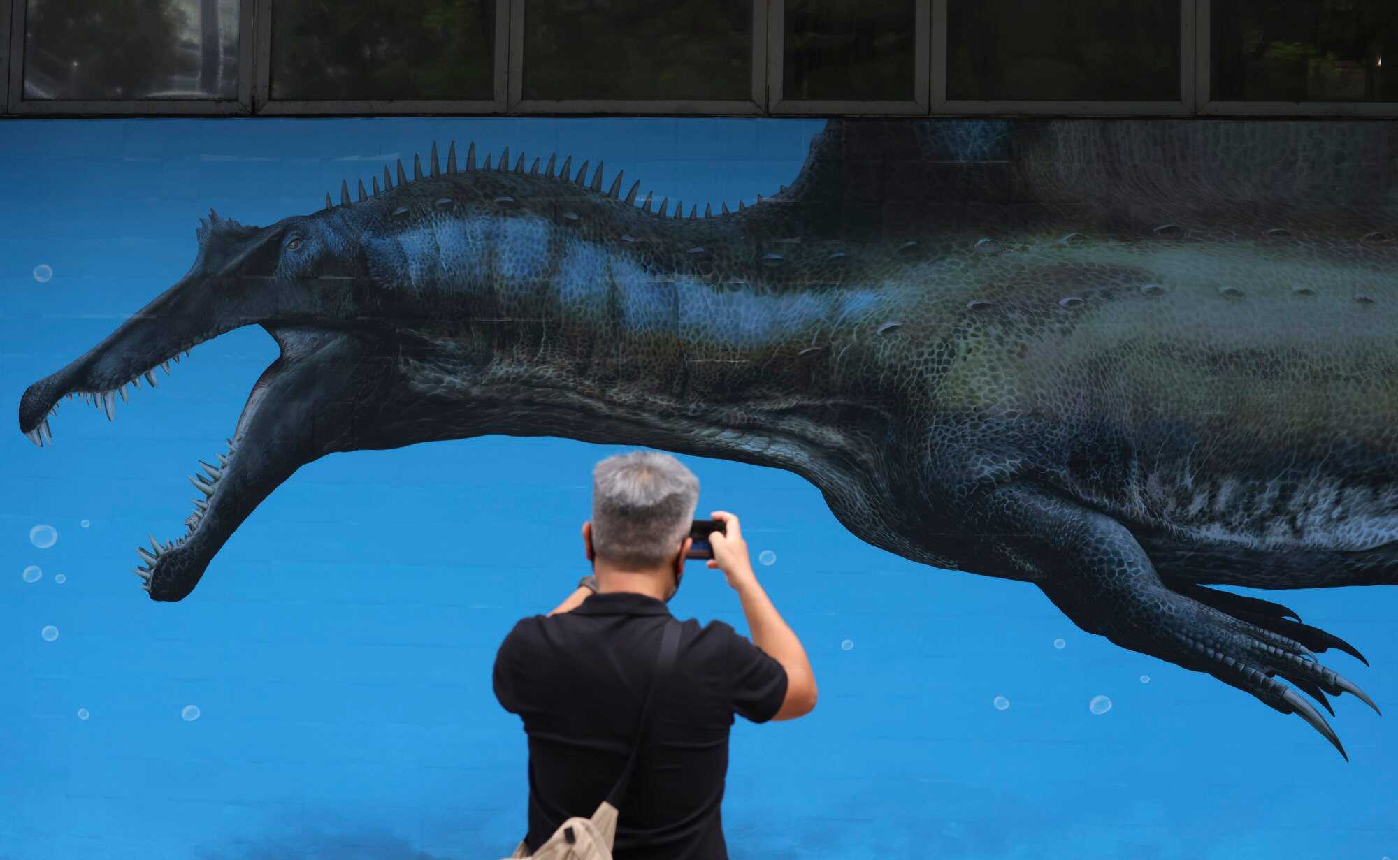 An exhibition at the Hong Kong Science Museum showing a mural of a Spinosaurus. Photo: Nora Tam