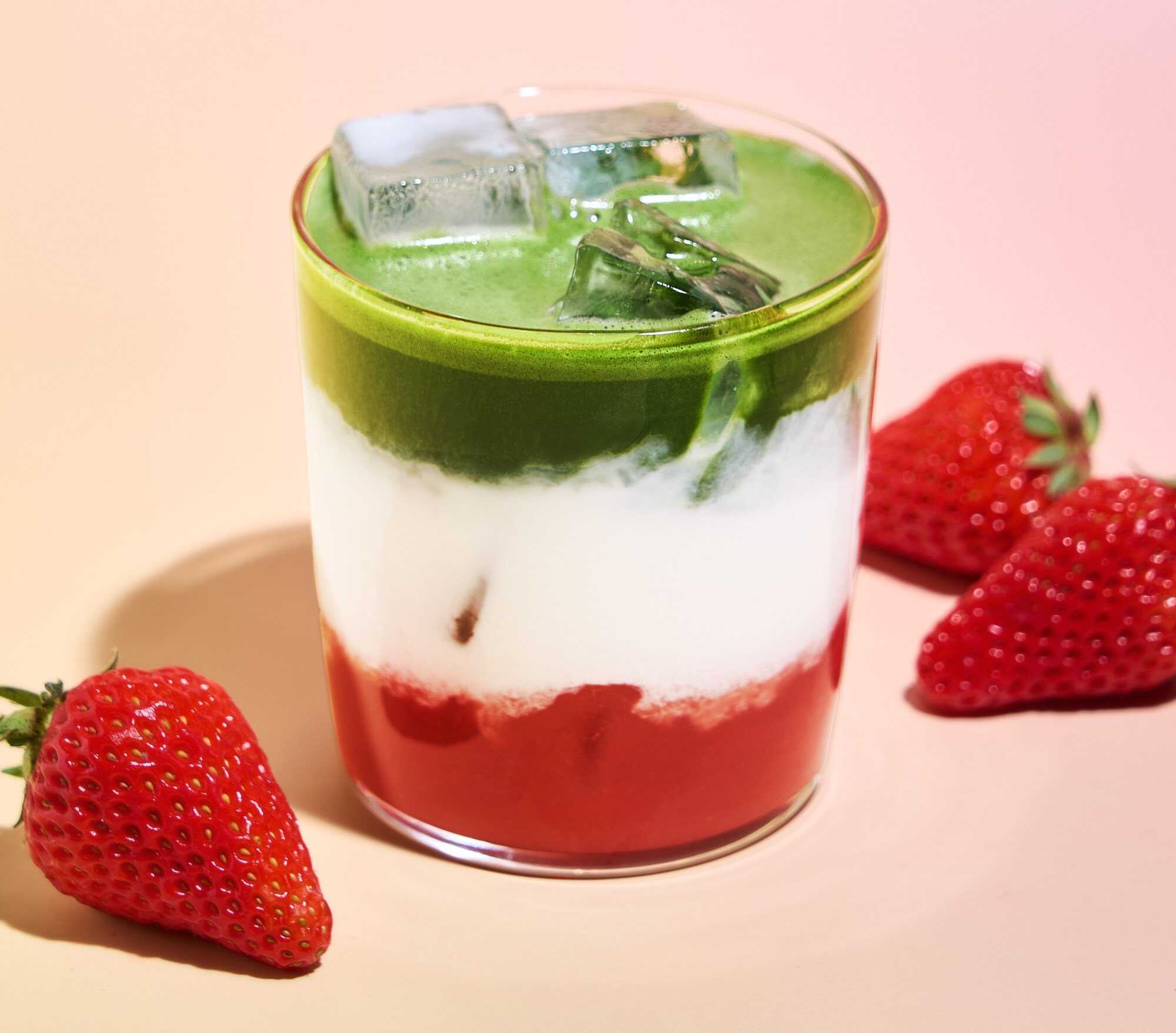 One of the more popular matcha drinks of late is a strawberry matcha latte, which has a beautiful red, white and green colour before mixing. Photo: Handout