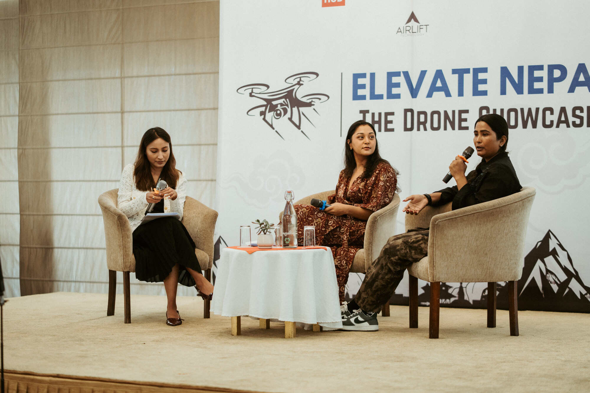 Manju Mahatara, a wildlife tour guide and drone pilot, shares her experience at the Elevate Nepal drone showcase event in Kathmandu on August 15. Photo: Suraj Ratna Shakya