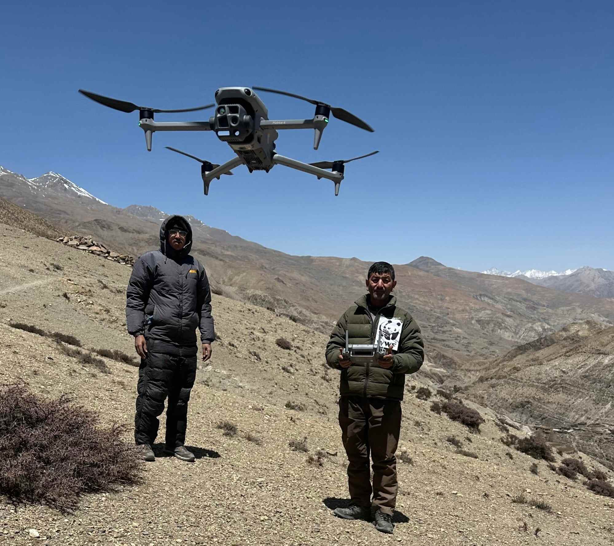Gokarna Jung Thapa, head of geoinformatics and technology at WWF Nepal, operating a drone in Upper Dolpa. Photo: Gokarna Jung Thapa