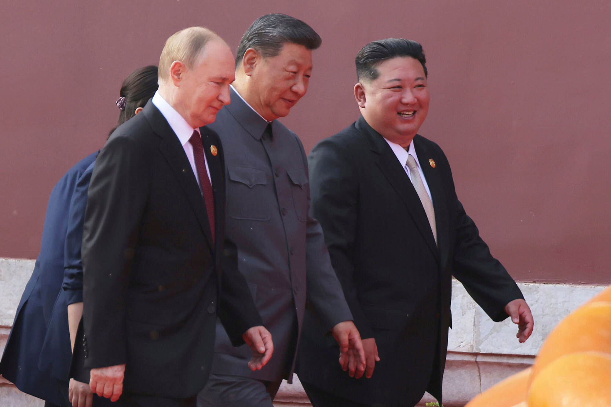 From left: Russian President Vladimir Putin, Chinese President Xi Jinping and North Korean leader Kim Jong-un attend a military parade marking the 80th anniversary of the end of World War II. Photo: AP