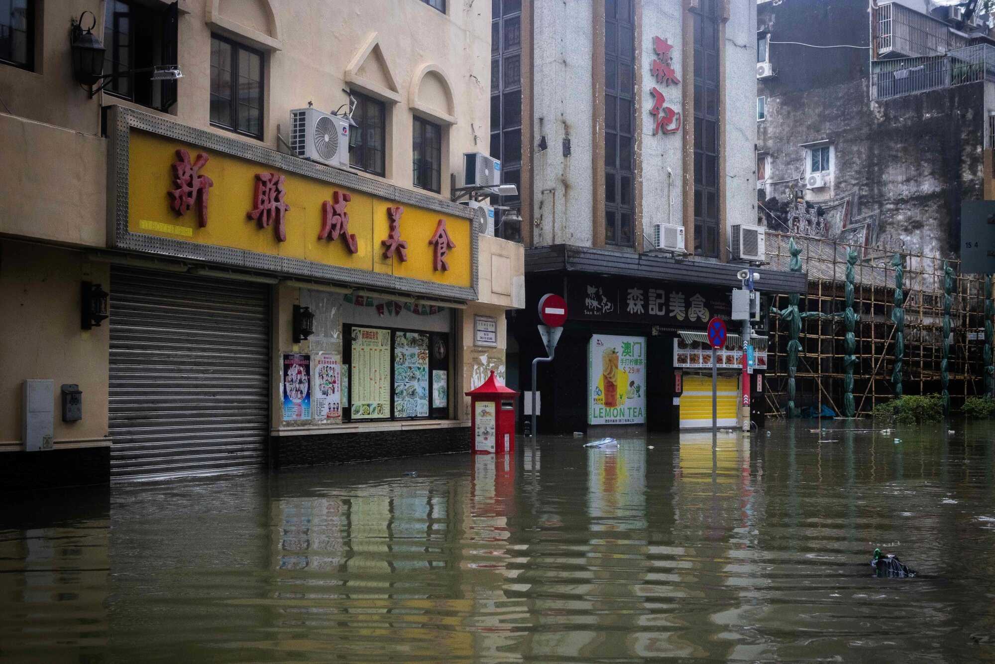 Flooding is seen in the Macau inner harbour area during the passage of Super Typhoon Ragasa. Photo: AFP