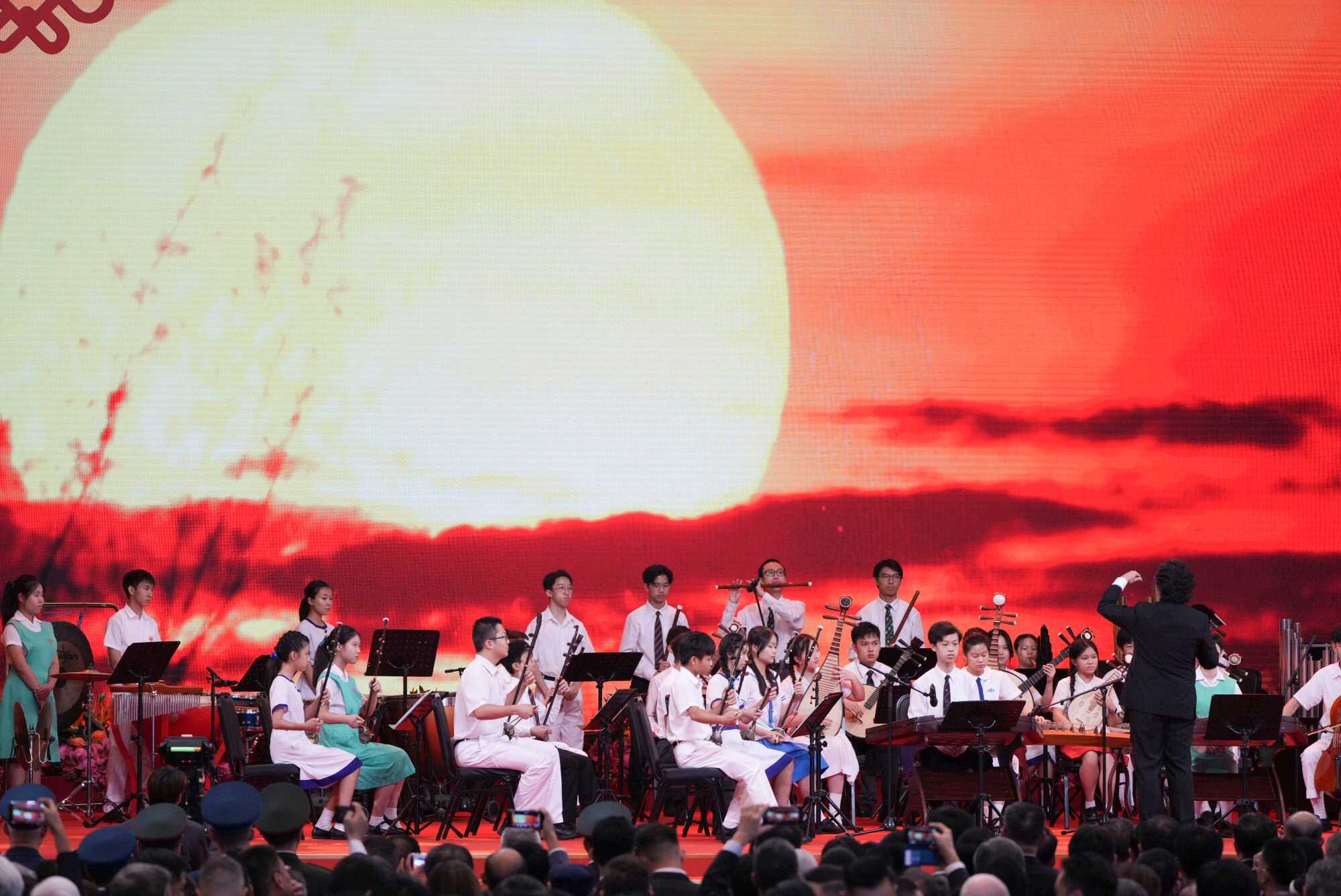 Students perform during a reception celebrating the 75th anniversary of the founding of the People’s Republic of China at the Hong Kong Convention and Exhibition Centre (HKCEC), Wan Chai. Photo: Sam Tsang
