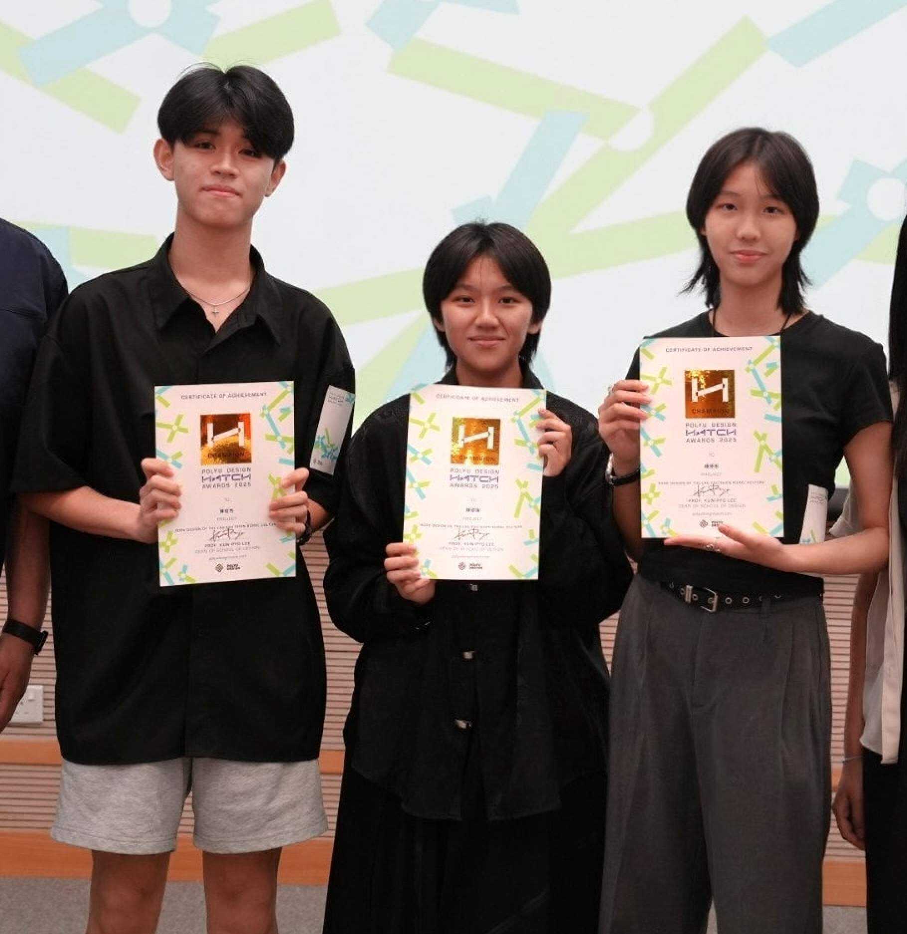 This year’s PolyU Design Hatch Award winners are Lawrence Chan Chun-kit (from left), Christy Chan Cheuk-lam, Rachel Chen Yin-tung. Photo: Handout