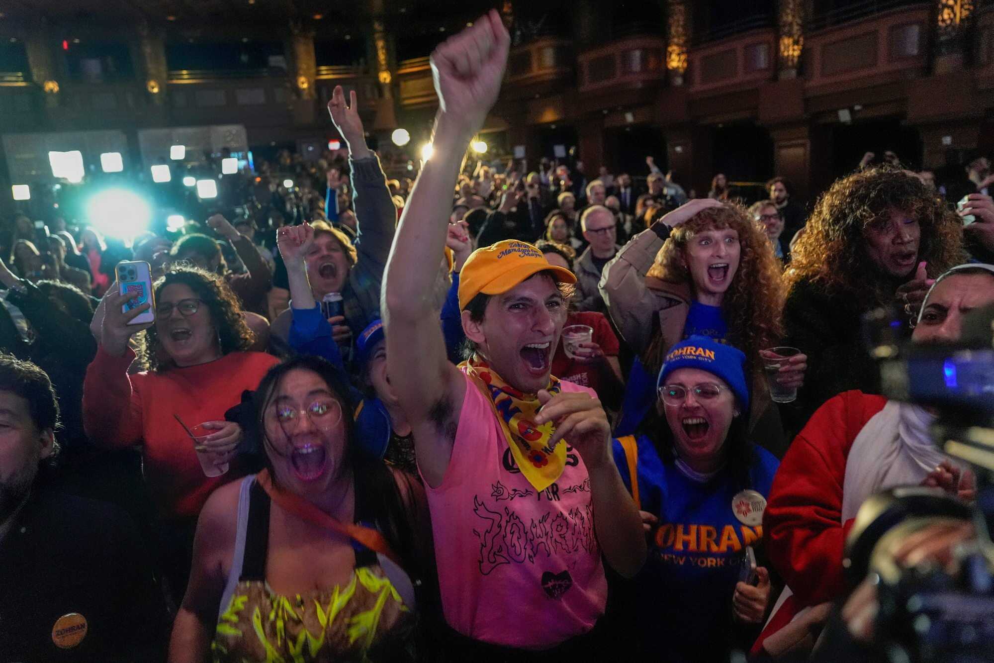 Supporters for Democratic mayoral candidate Zohran Mamdani cheer as they watch returns during an election night watch party in New York. Photo: AP