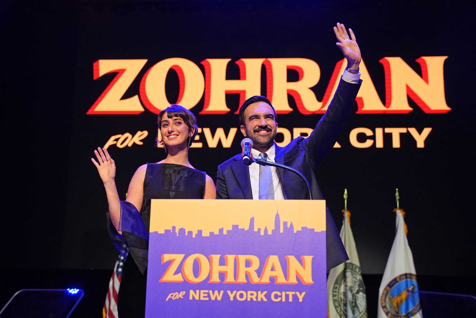 Then New York City mayoral candidate Zohran Mamdani celebrates alongside his wife Rama Duwaji during an election night event at the Brooklyn Paramount Theater in Brooklyn, New York on November 4, 2025. Photo: AFP/TNS