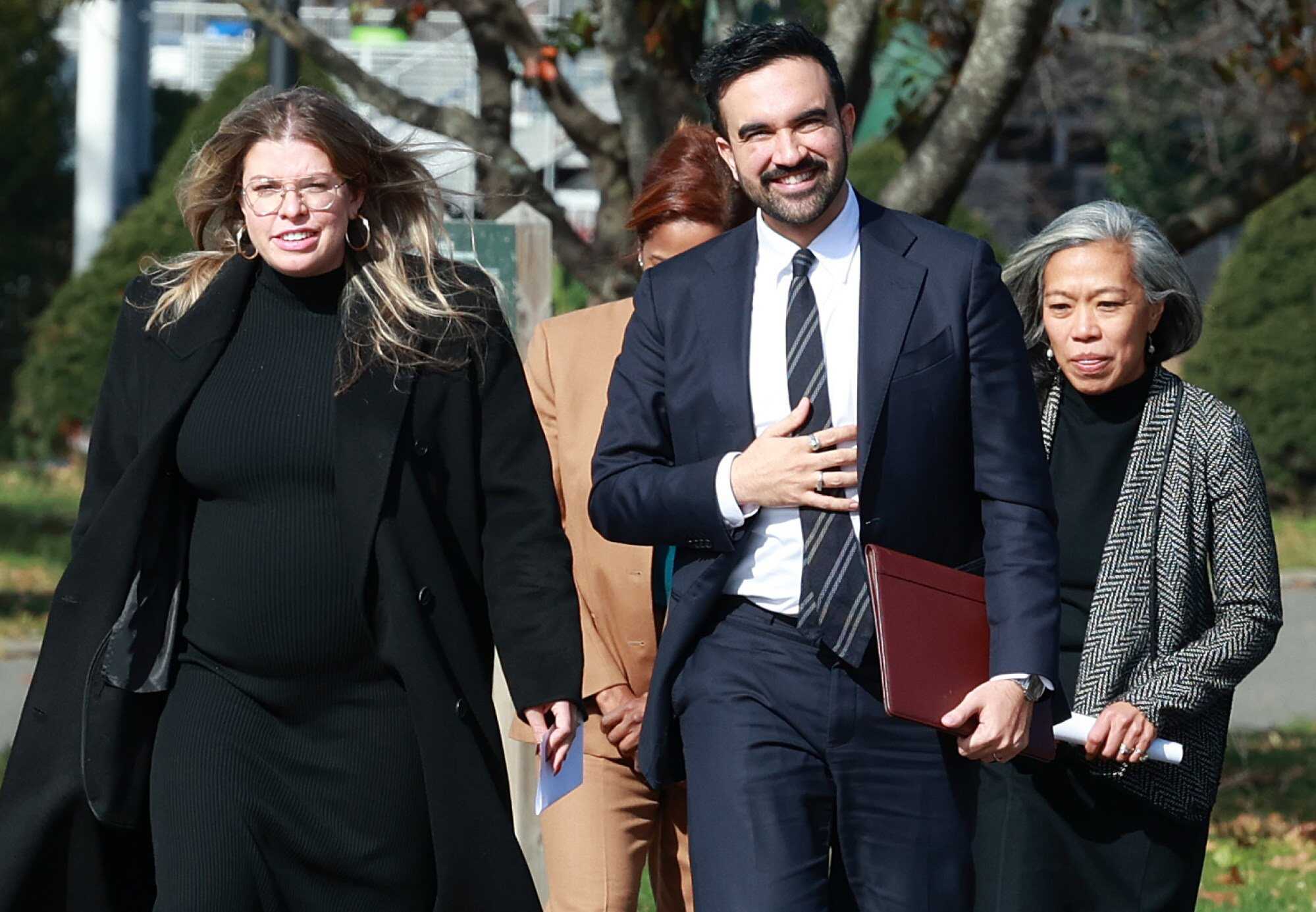 New York Mayor-elect Zohran Mamdani (centre) arrives for a press conference at Flushing Meadows Corona Park, a day after defeating Andrew Cuomo and Curtis Sliwa in the New York City mayoral race. Photo: dpa