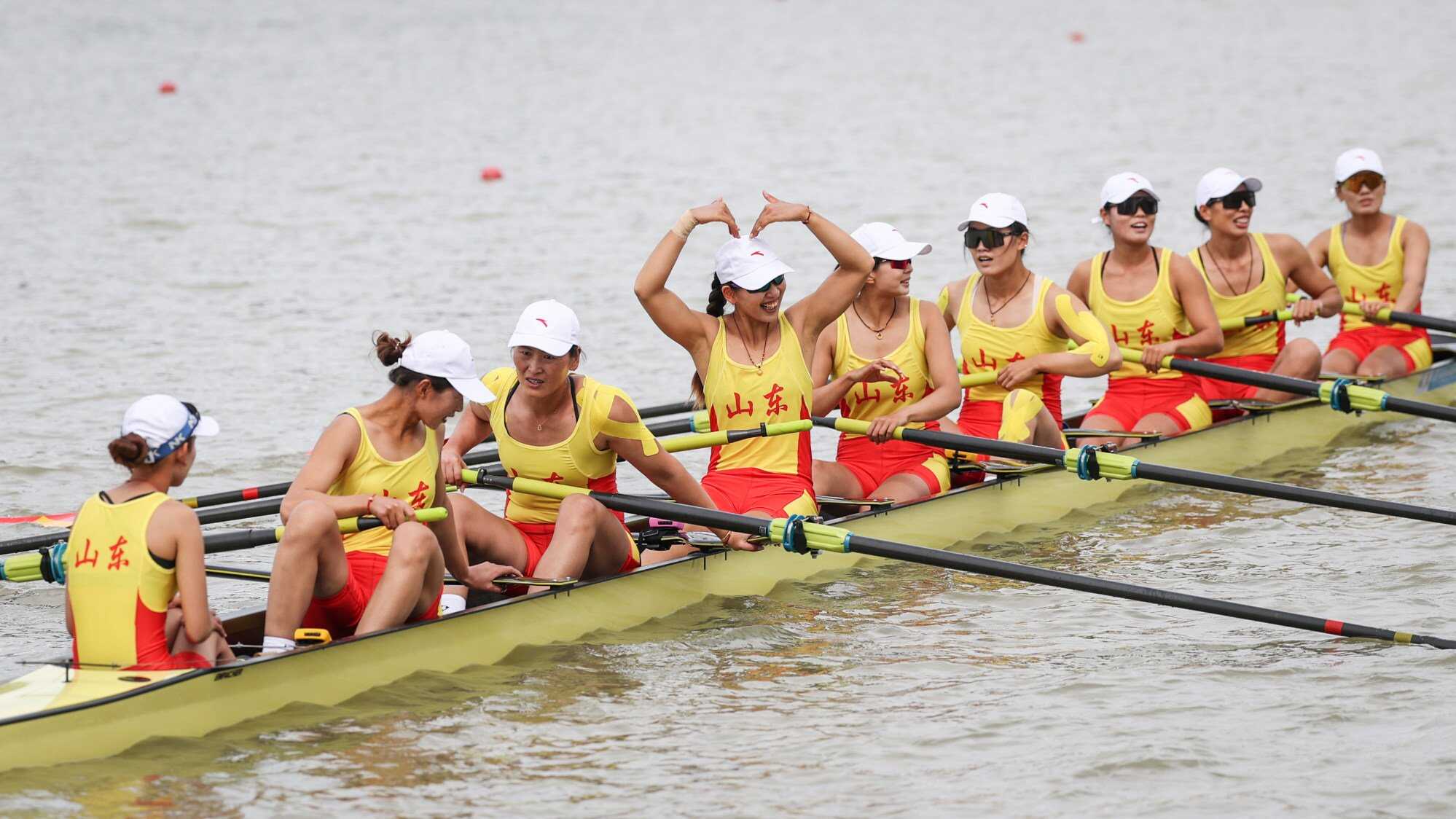 Team Shandong celebrate after the women’s eight final of rowing at China’s 15th National Games. Photo: Xinhua