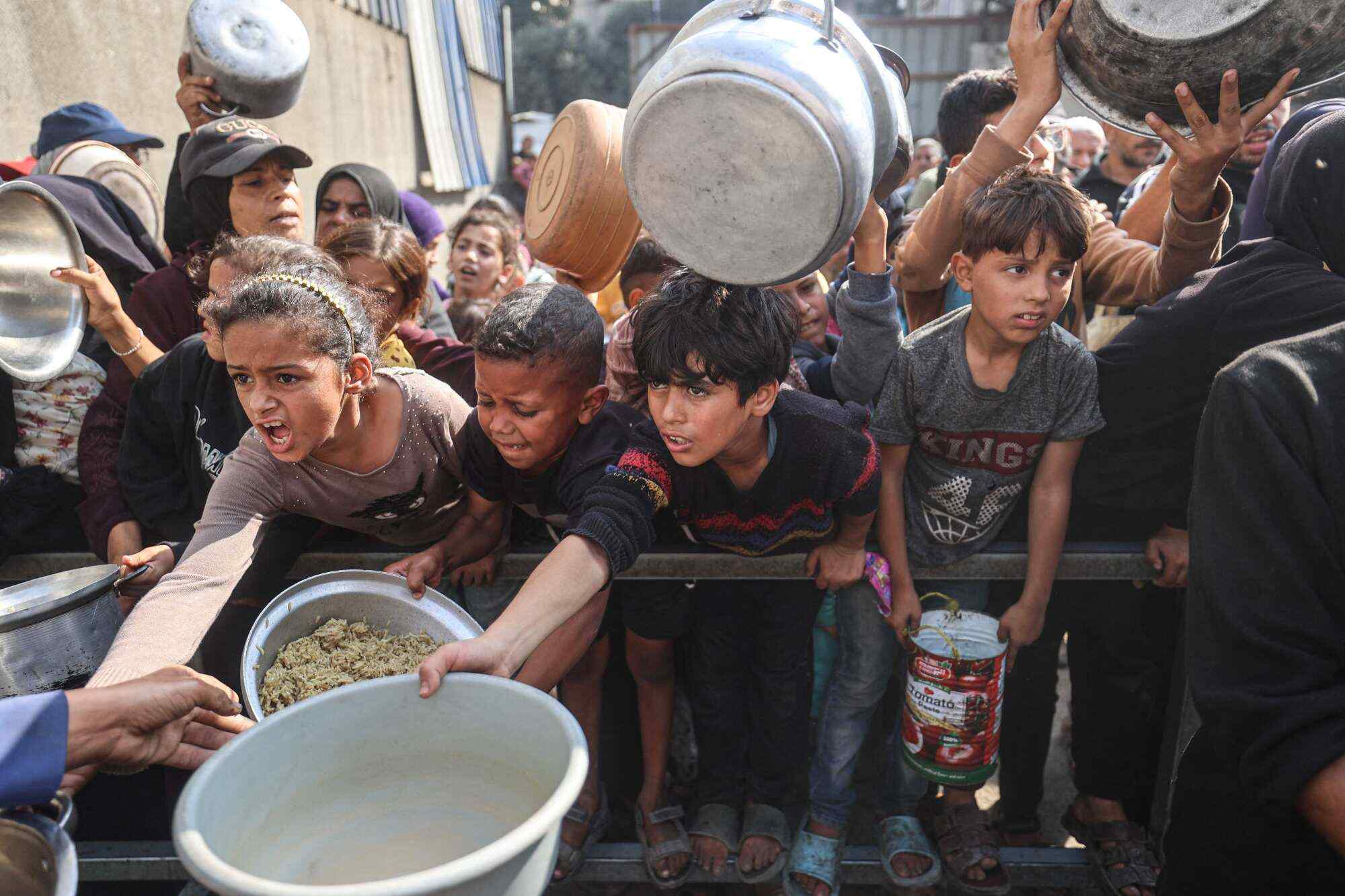 Young displaced Palestinians wait to receive a portion of food in the Nuseirat refugee camp, in the central Gaza Strip. Photo: AFP