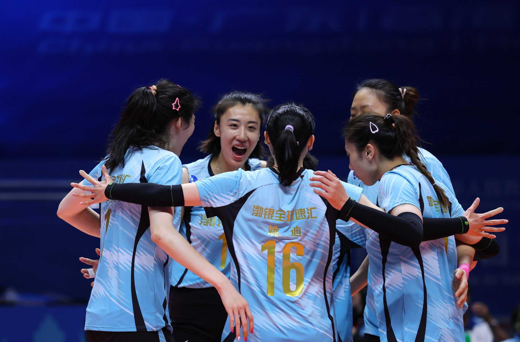 Players of team Tianjin celebrate during a women’s volleyball group A match between Tianjin and Sichuan at China’s 15th National Games. Photo: Xinhua