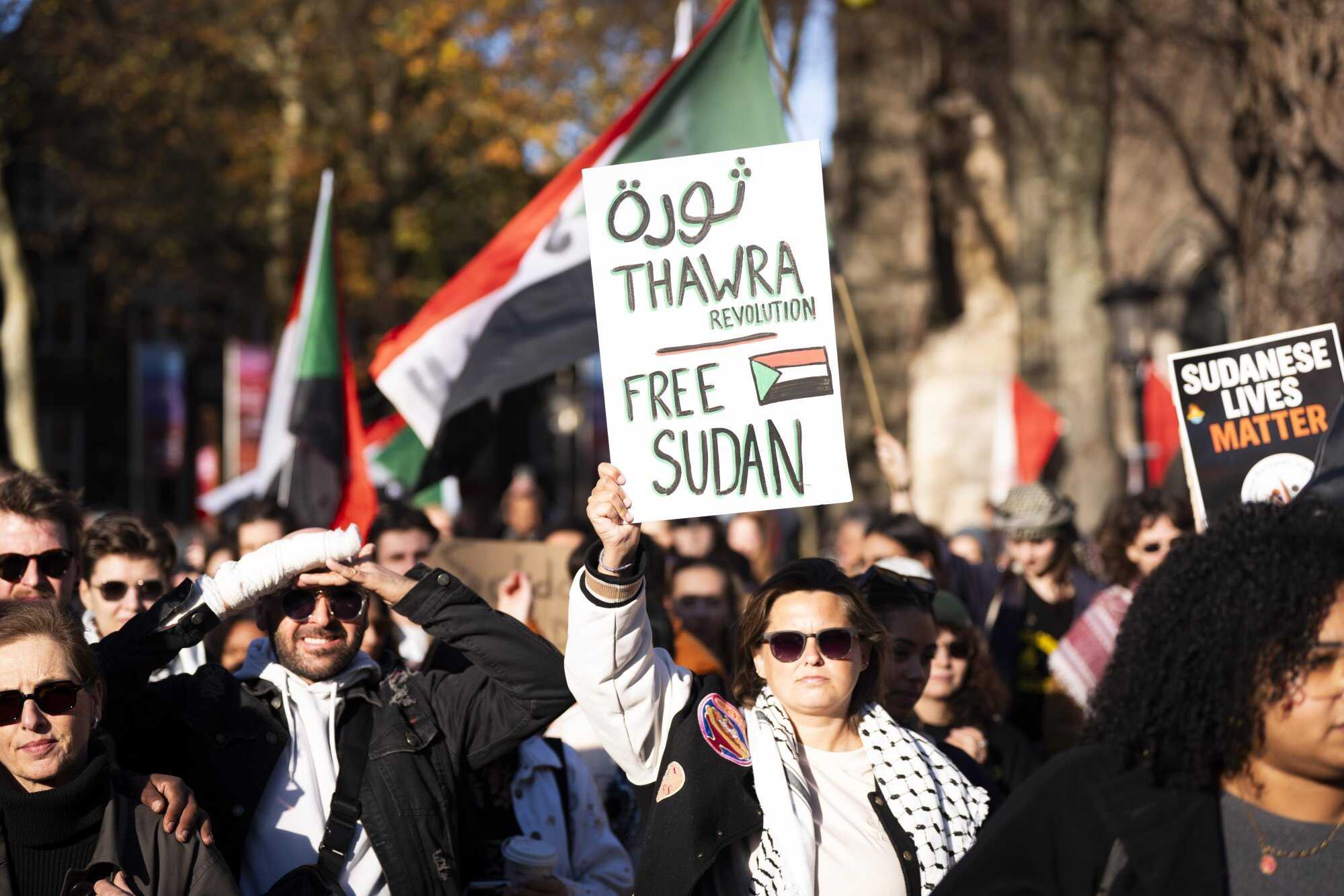 People demonstrate for Sudan at Domplein Square in Utrecht, Netherlands, calling for sanctions on the arms trade and more emergency aid. Photo: EPA