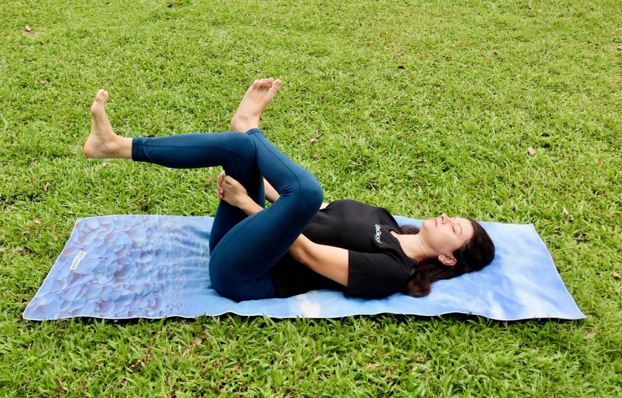 The “figure of four” pose offers some relief to tight hips and stiff lower backs. Photo: Handout