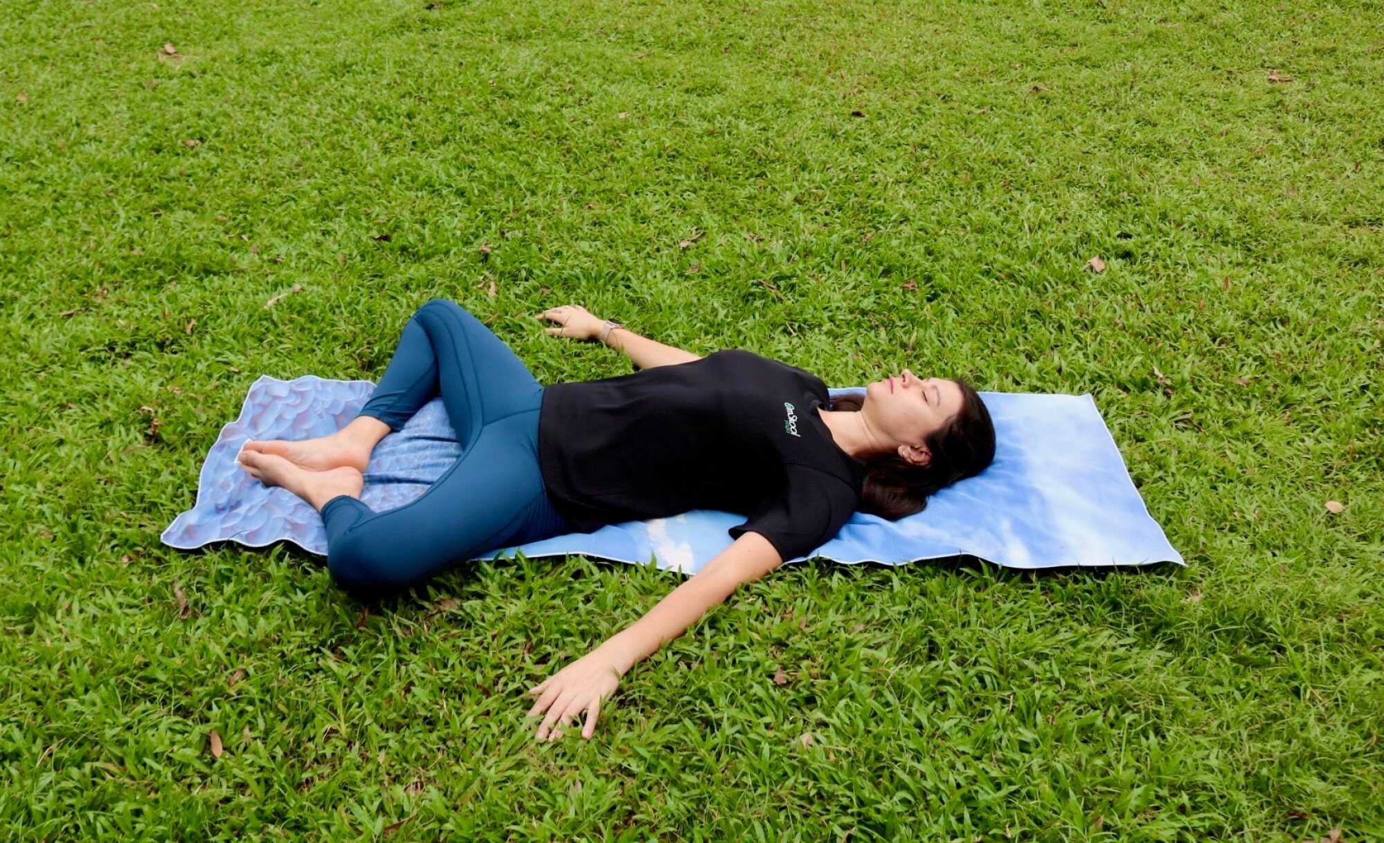 The “reclined butterfly pose” is great for improving flexibility and stretching the inner thighs. Photo: Handout