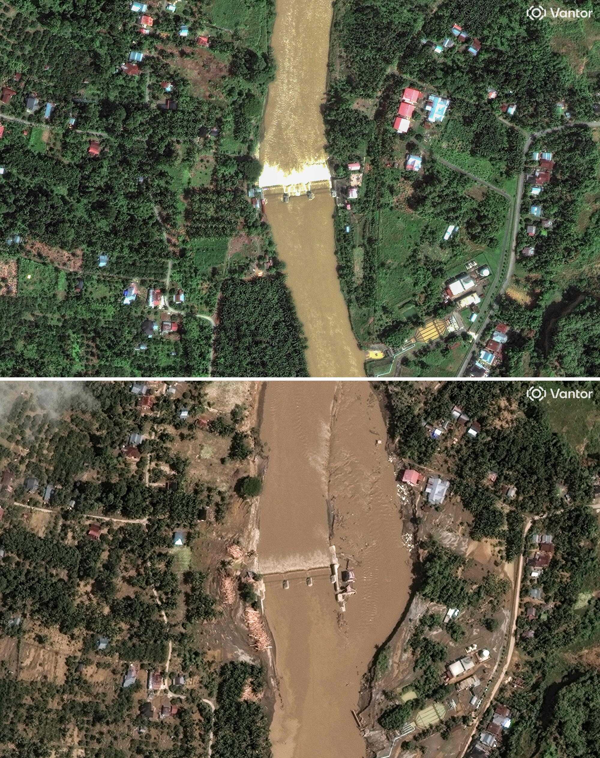 This combination of handout satellite images by Vantor shows a view of the Peusangan river and weir in Bireuen, Indonesia’s Aceh Province, on December 14, 2024 (top), and damage during flooding in the area on November 30, 2025 (bottom). Photo: Satellite image ©2025 Vantor via AFP