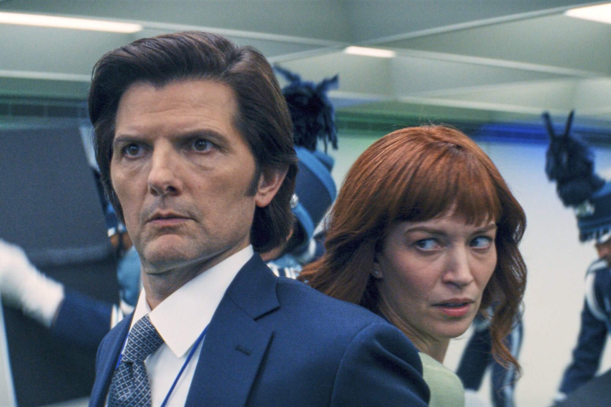 Adam Scott, left, and Britt Lower in a scene from “Severance.” Photo: Apple TV+ via AP