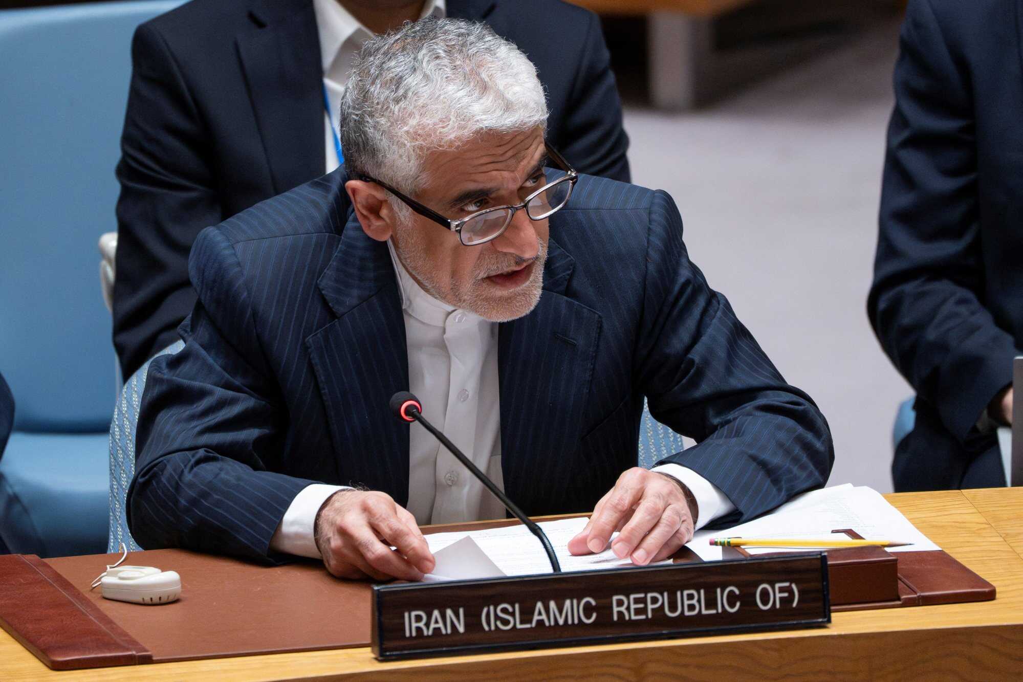 Amir Saeid Iravani addresses delegates during a United Nations Security Council meeting. Iravani has claimed the United States is involved with the current round of protests in Iran. Photo: Reuters