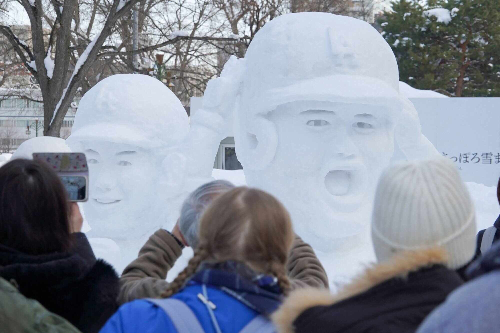 Snow sculptures, including one depicting Japanese baseball player Shohei Ohtani (right), who plays for the Los Angeles Dodgers in US Major League Baseball, on display at the Sapporo Snow Festival in Sapporo, Japan on February 4, 2026.