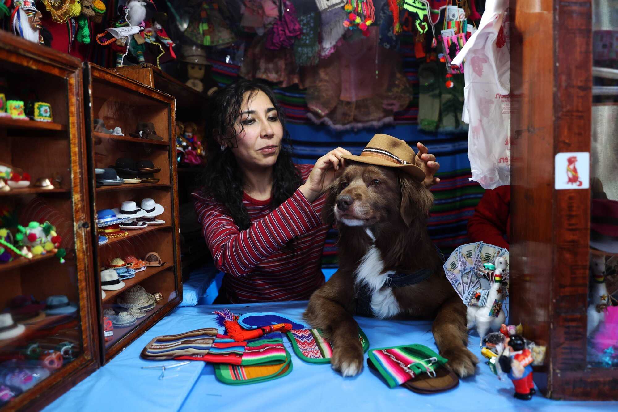 Historian Sayuri Loza and her dog Oberyn celebrate Bolivia’s Alasitas festival, where participants buy miniature goods representing their wishes for health and prosperity. Photo: EPA
