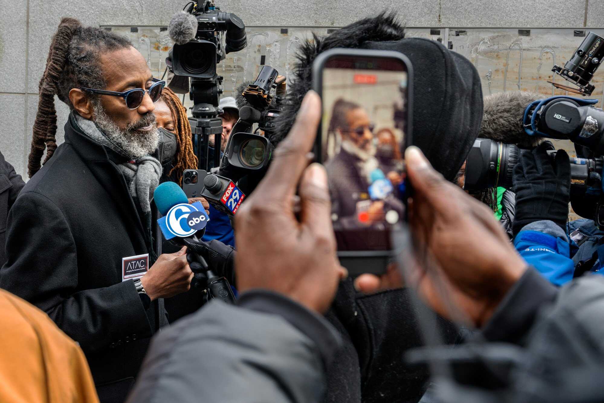 Lawyer Michael Coard, leader of the Avenging the Ancestors Coalition, speaks with the news media on February 16, 2026, after a federal judge ordered the Trump administration to restore the slavery exhibits that the National Park Service removed from the President’s House last month. Photo: TNS