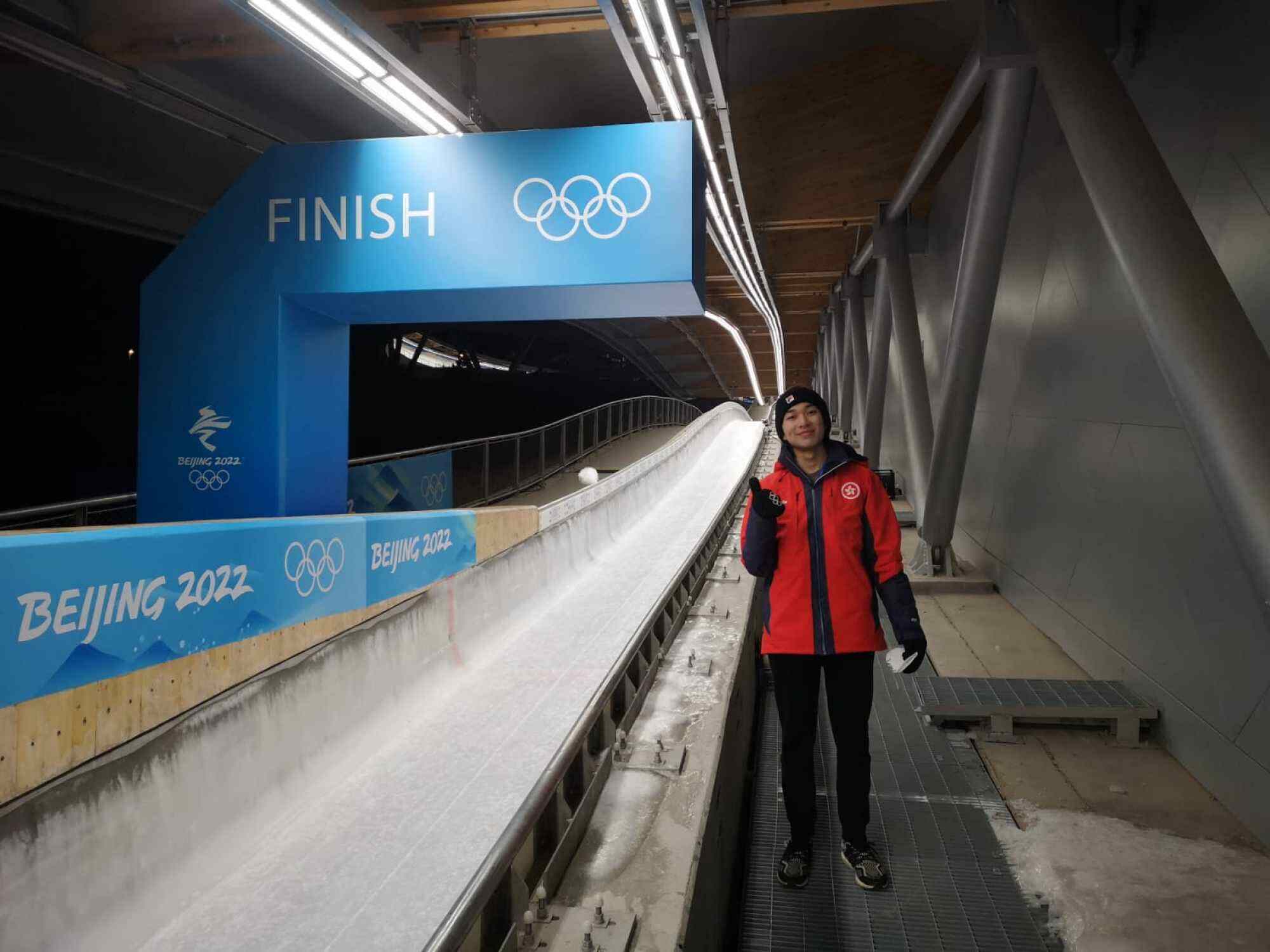 Yung at the Beijing Winter Olympic Games slalom finish line after skiing at the Yanqing National Alpine Ski Centre. Photo: Handout