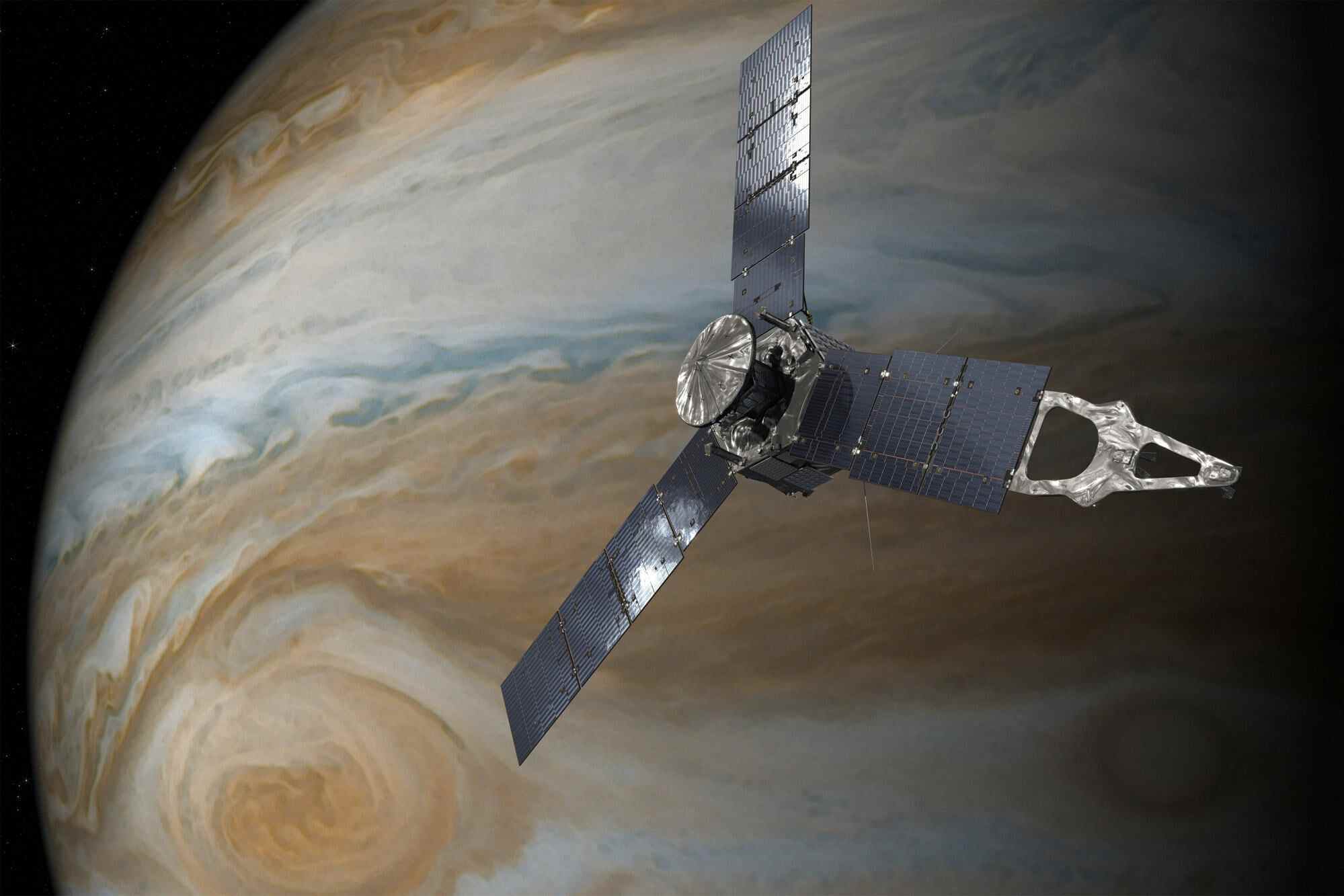 An illustration depicting the US space agency’s Juno spacecraft above Jupiter’s Great Red Spot. Photo: Nasa/Handout via Reuters