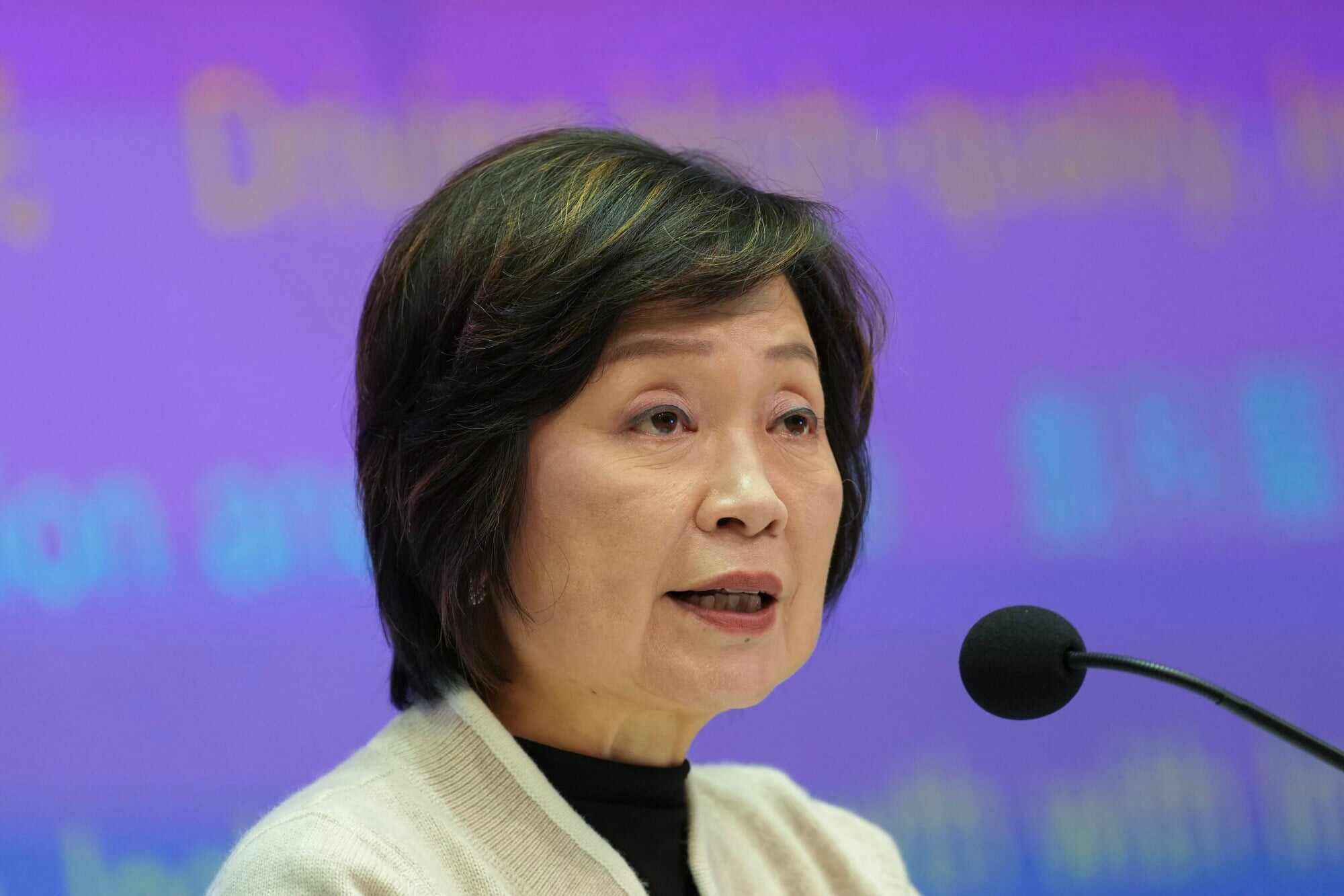 Secretary for Education Christine Choi Yuk-lin stated that the global test would assist overseas students in enrolling in tertiary institutions in mainland China and in Hong Kong. Photo: Karma Lo