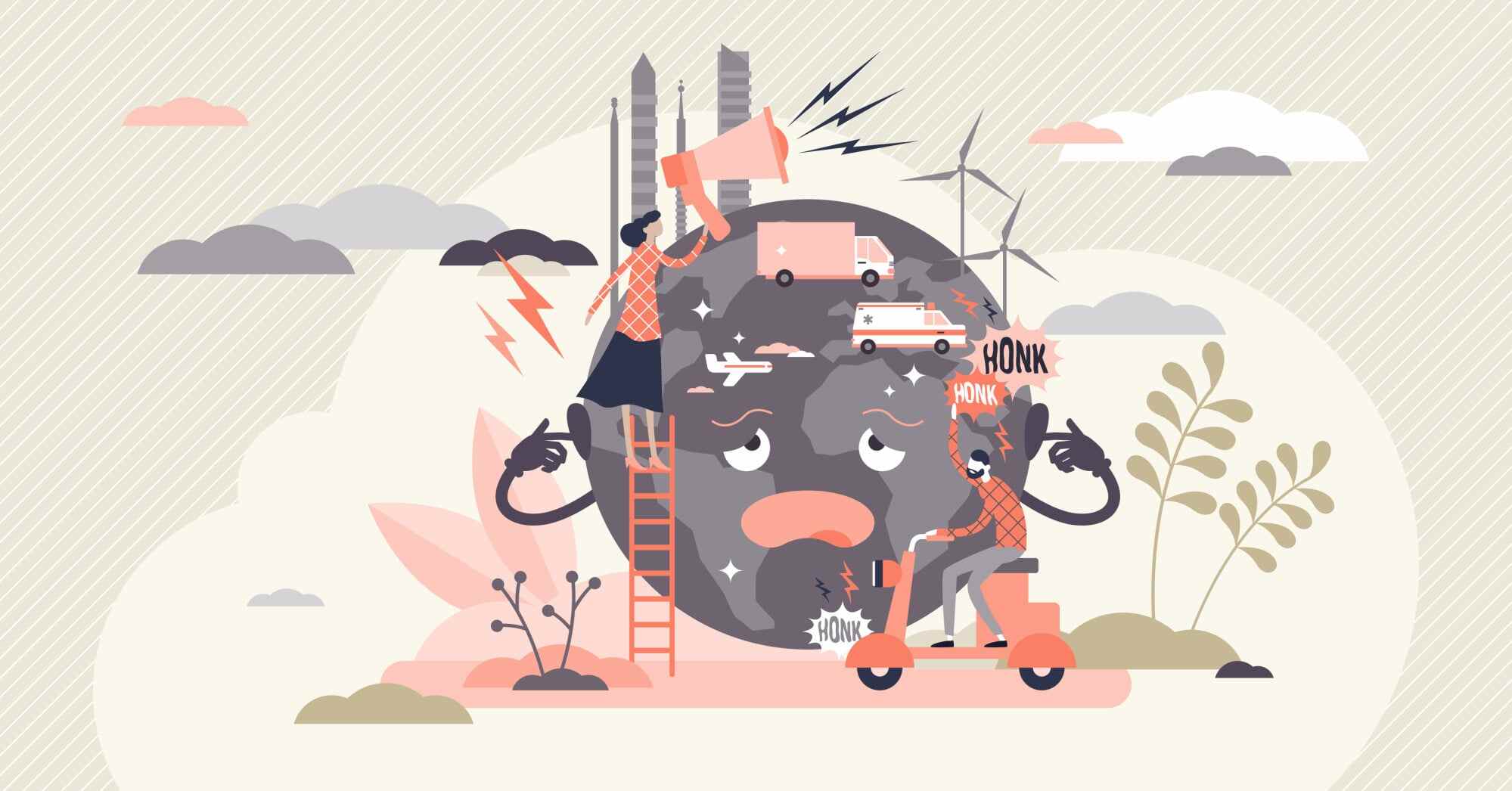 Sounds from cars, planes and neighbours can add to noise pollution. Illustration: Shutterstock