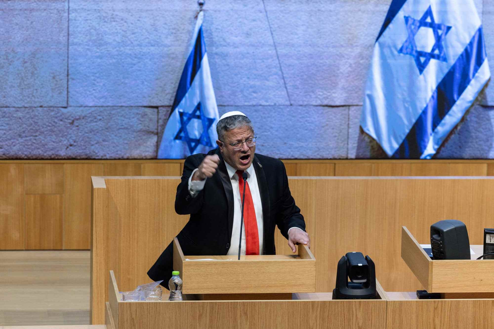 Israel’s far-right National Security Minister Itamar Ben-Gvir speaks during a session as Israel’s parliament passes a death penalty law on Monday. Photo: Reuters