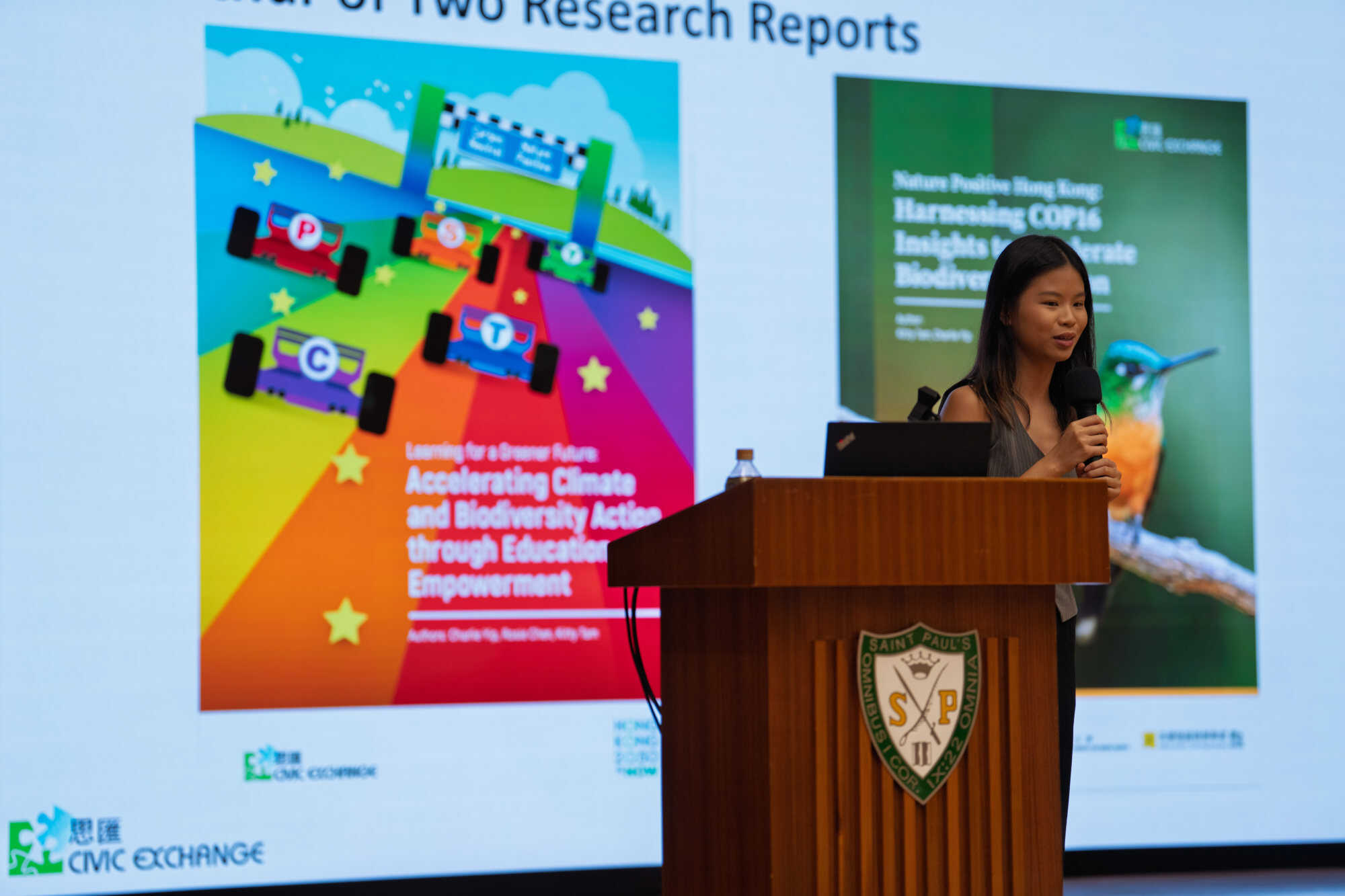Charlie Yip gives a presentation at St Paul’s Convent School about climate action. Photo: Handout