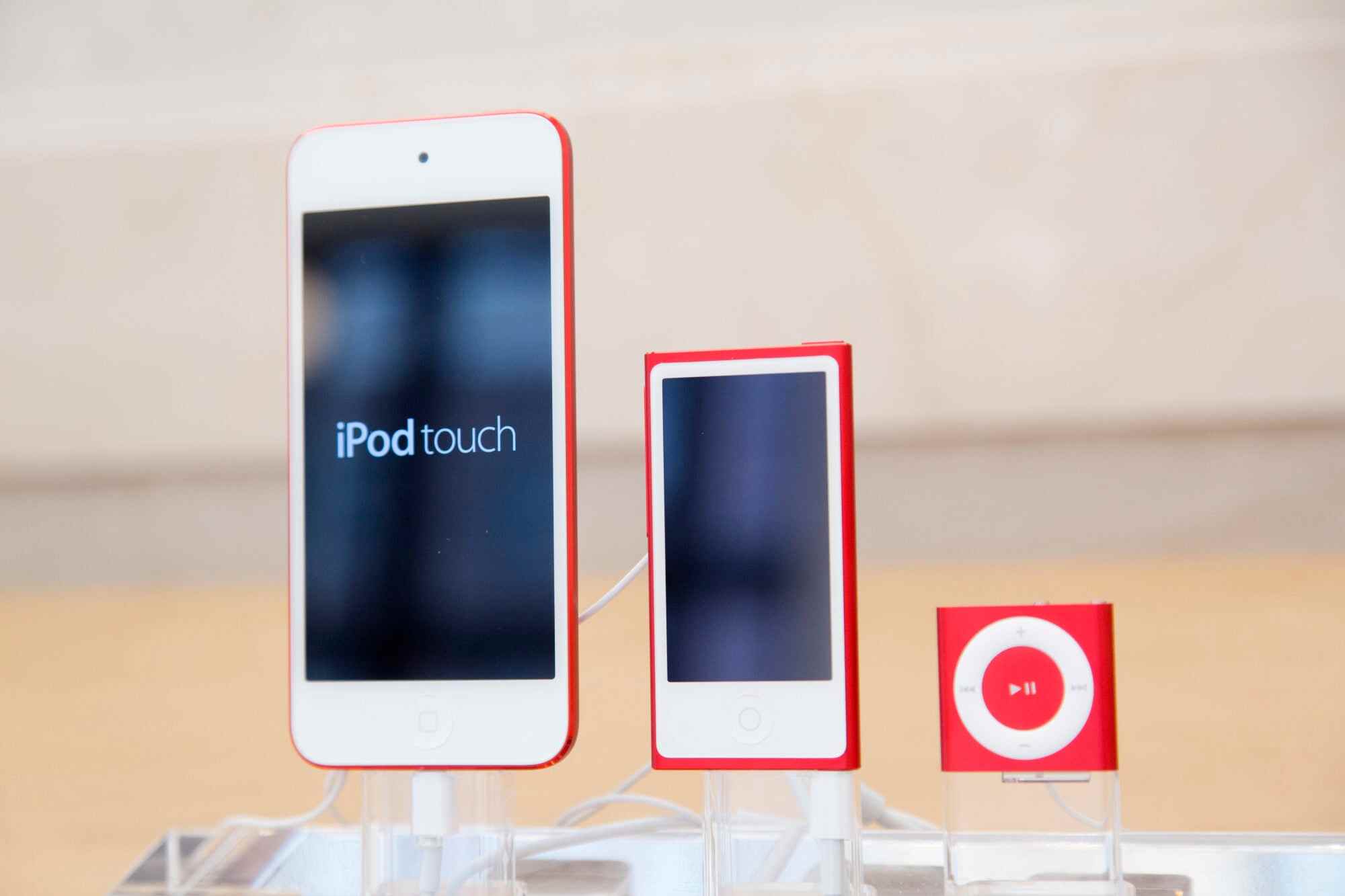 From left: an iPod Touch, Nano and Shuffle are displayed at an Apple store in New York. The company discontinued sales of the Nano and Shuffle in 2017 as more people began storing and streaming their tunes on smartphones. Photo: AP