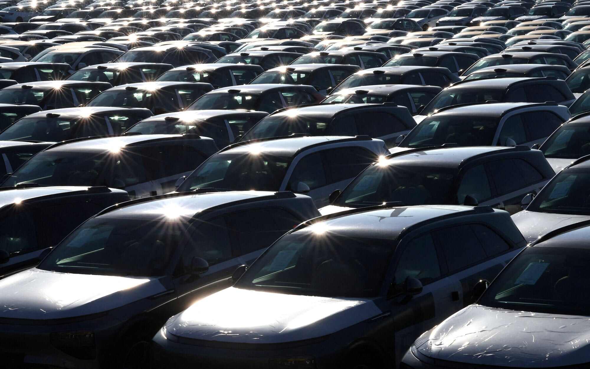 Cars, including China-built electric vehicles from the company Xpeng, are seen parked at the port of Zeebrugge, Belgium, in 2024. Photo: Reuters