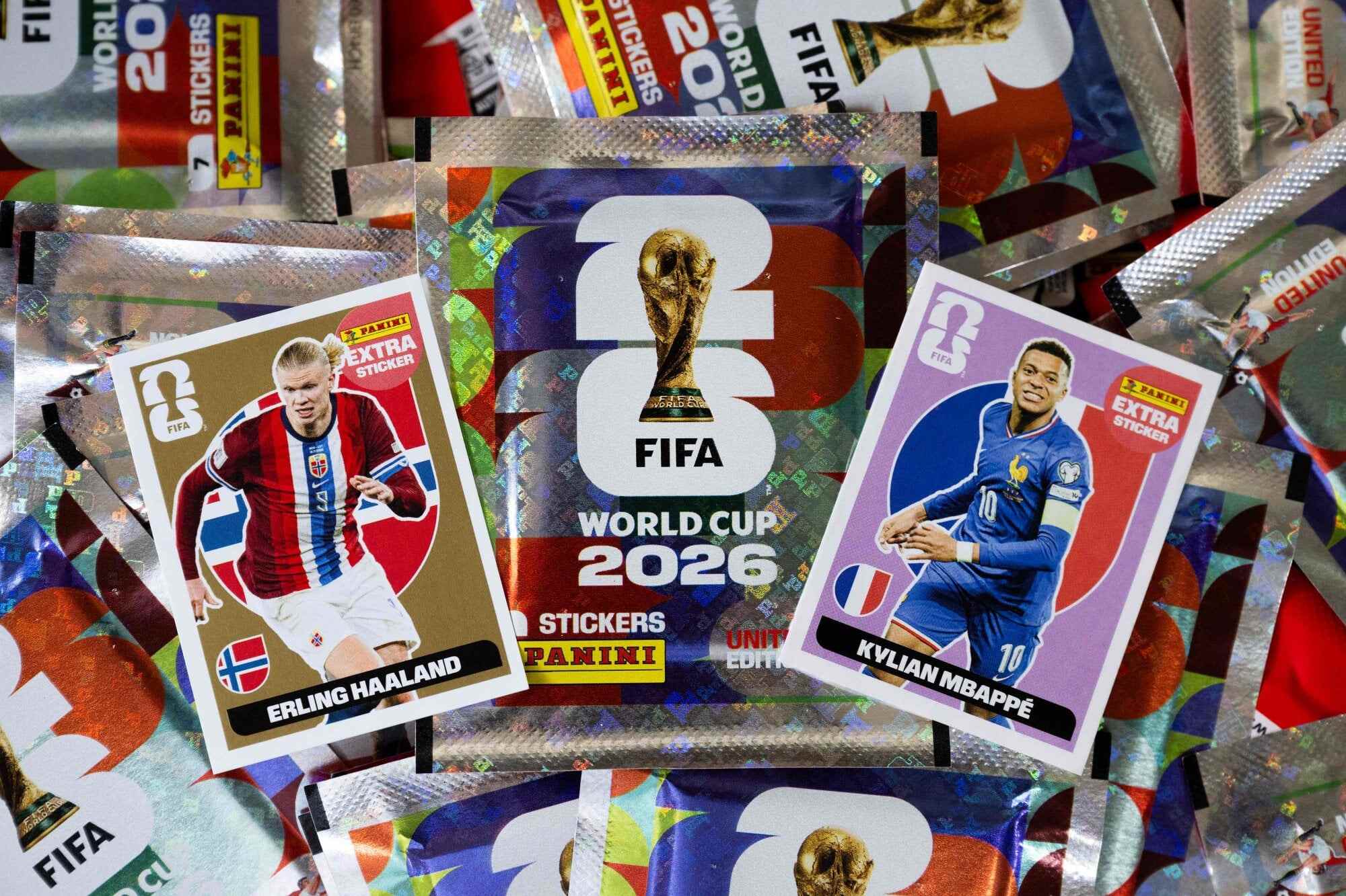 Collectable cards for the 2026 Fifa World Cup hosted by the US, Canada and Mexico. These show Norway’s forward Erling Haaland (left) and France’s forward Kylian Mbappe. The Panini Group, based in Italy, holds the exclusive rights for the official collectable cards and stickers for this year’s World Cup. Photo: AFP