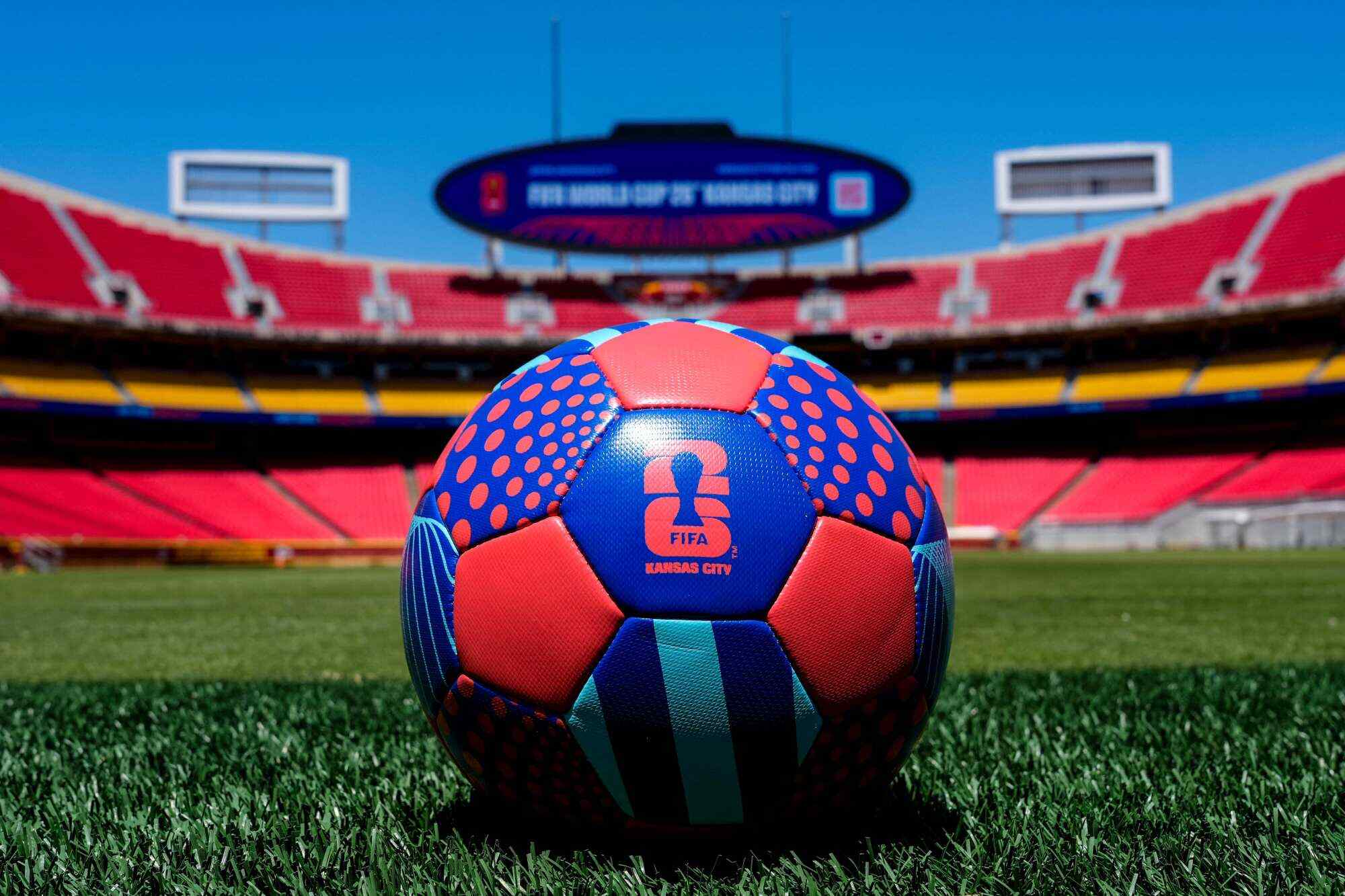 A ball sits on the pitch at Arrowhead Stadium in Kansas City, Missouri, in the US. Photo: AFP