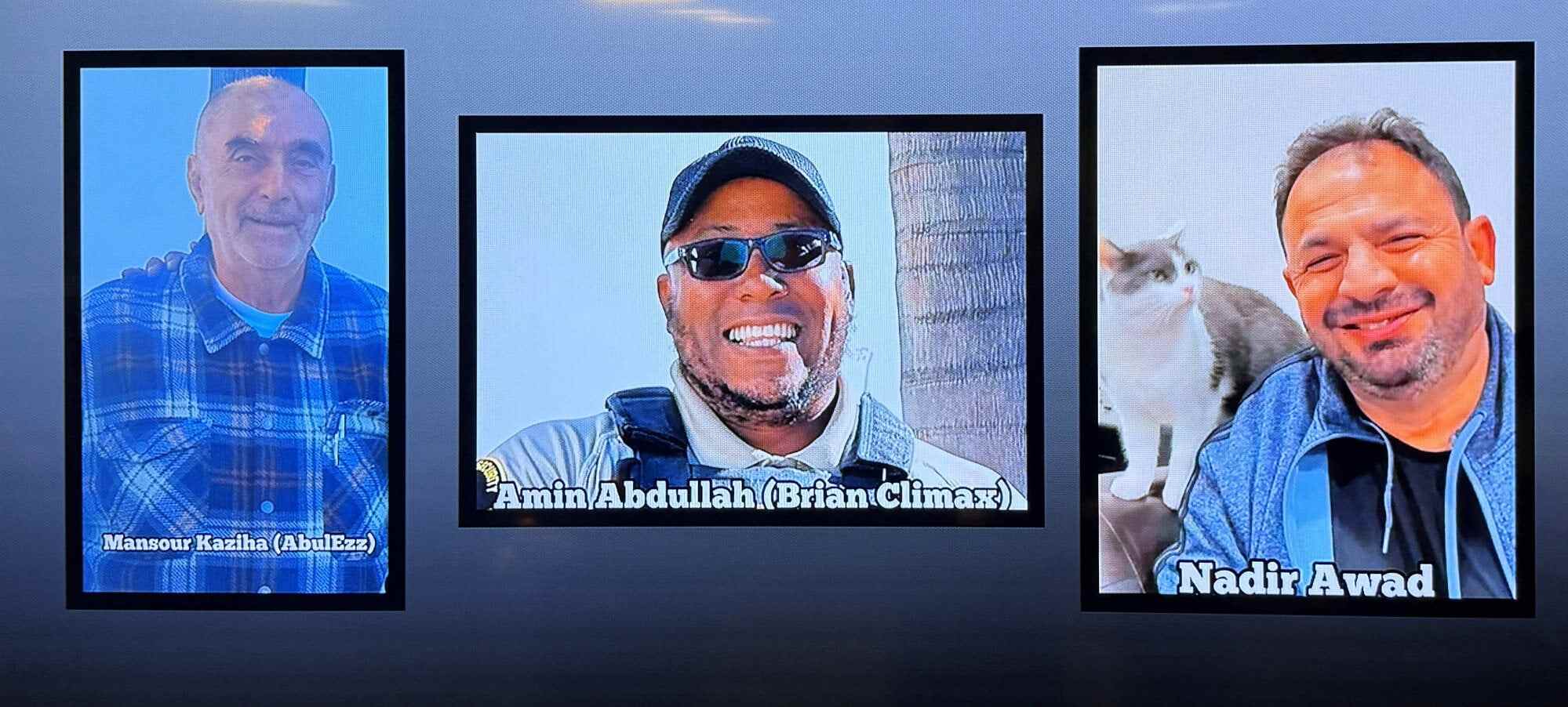 A video monitor shows images of Mansour Kaziha, security guard Amin Abdullah, also known to friends as Brian Climax and Nadir Awad, who were killed during the shooting attack at the Islamic Centre. Photo: Reuters