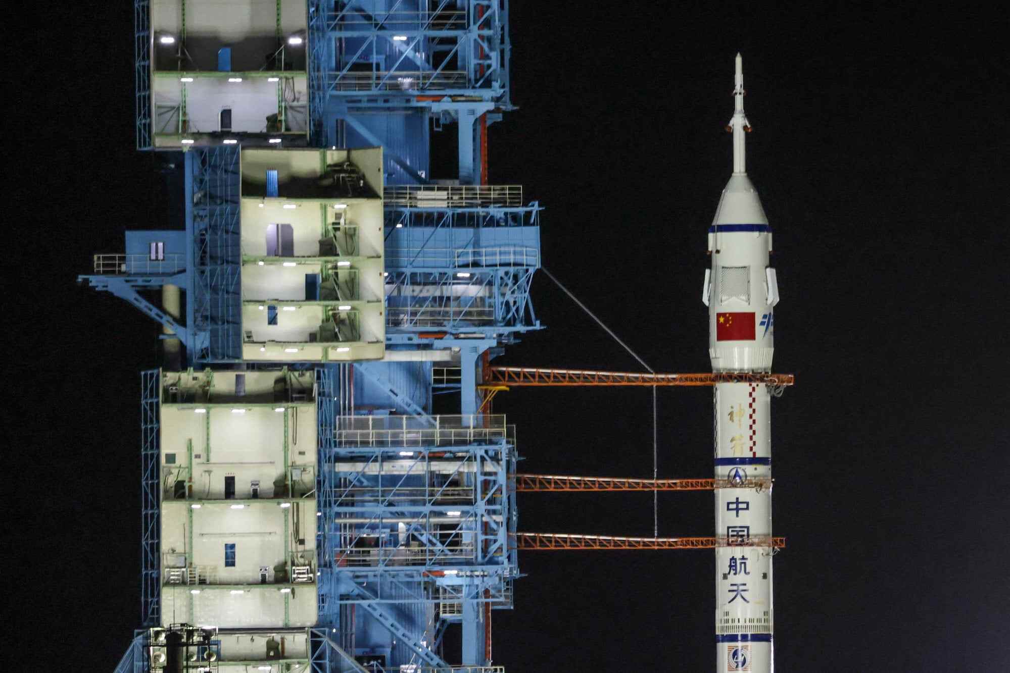 The Long March 2F rocket, before it blasted off to China’s Tiangong space station from the launch pad at the Jiuquan Satellite Launch Centre, near Jiuquan, Gansu province, China. Photo: Handout
