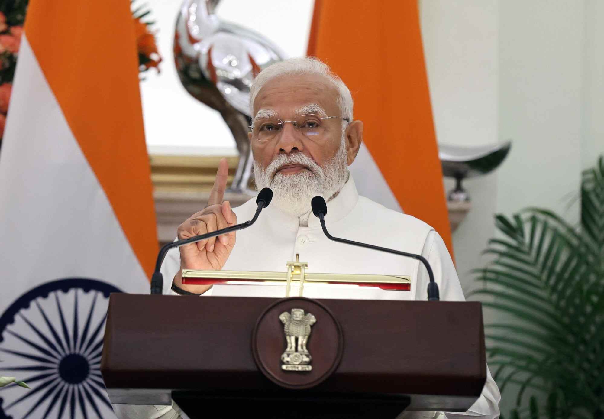 Indian Prime Minister Narendra Modi speaks during a joint press statement in New Delhi, India. Political analysts say there is growing resentment among Gen Z over the Modi government’s inability to create enough jobs. Photo: EPA