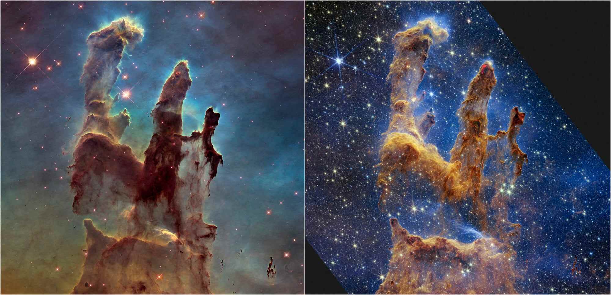 These images of the Pillars of Creation were created with the Hubble Space Telescope (left) and the James Webb Space Telescope (right). Photo: Nasa, ESA, CSA, STScI via AP