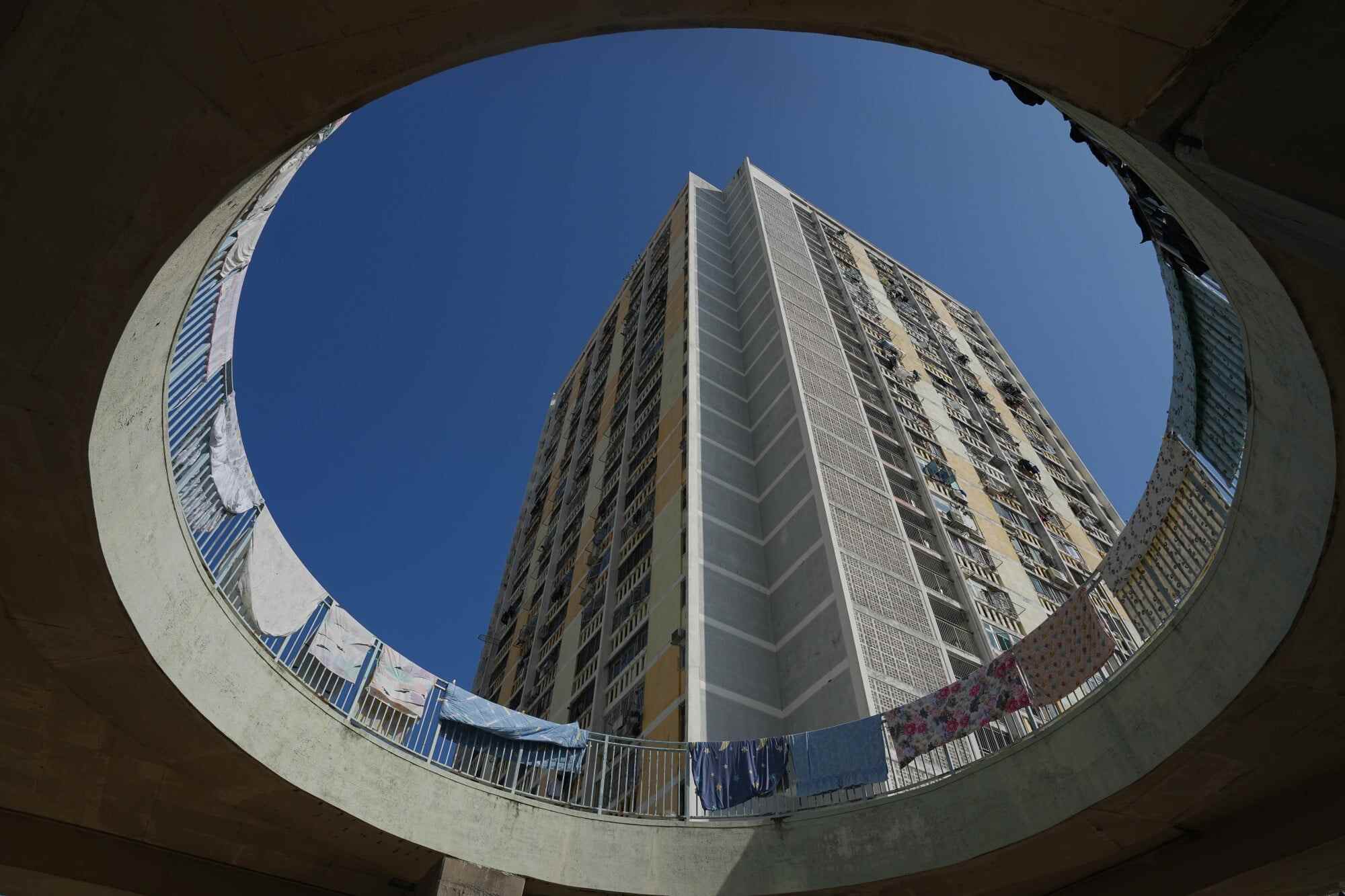 An oval foyer in Wah Fu Estate, Pok Fu Lam. The public complex is the childhood home location of the film’s three protagonists. Photo: Eugene Lee