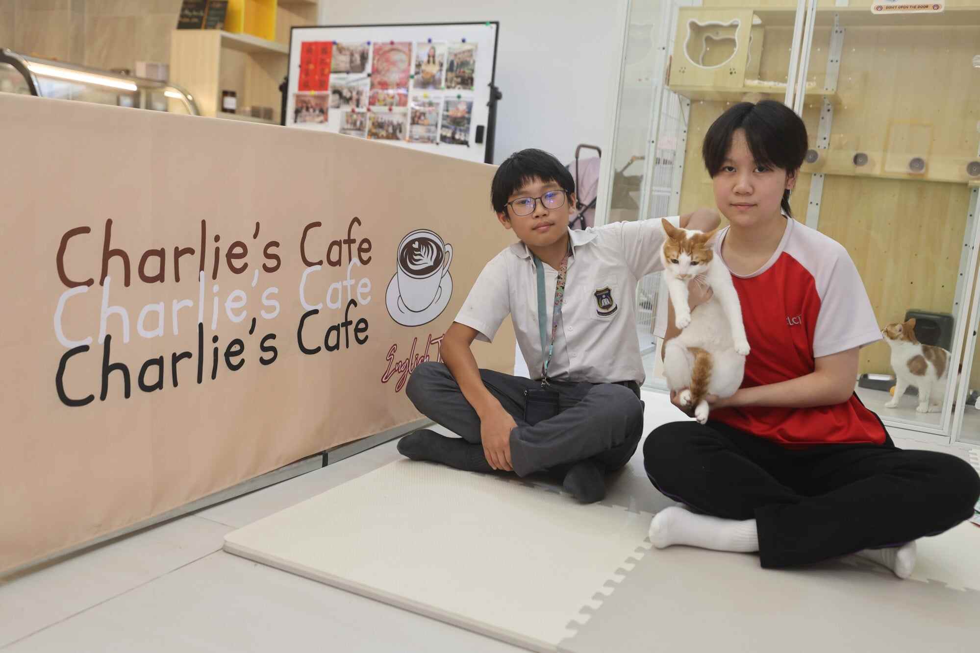 Hei Hei Chan Ka-hei (left) and Yanis Tsang Yu-ying are regular customers at their school’s cat cafe. Photo: Edmond So