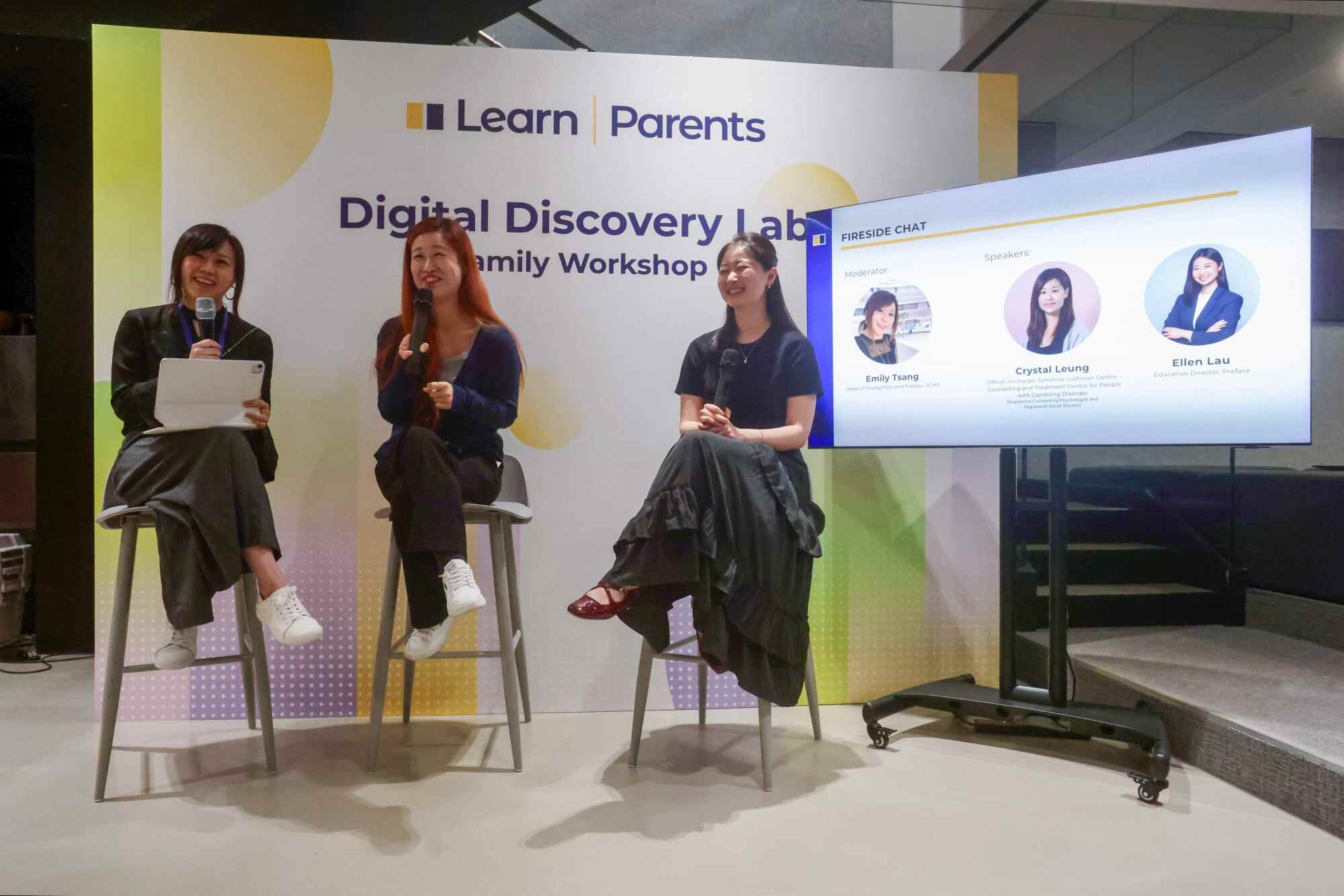 (From left to right) SCMP Head of Young Post and Posties Emily Tsang, Sunshine Lutheran Centre Officer-in-charge Crystal Leung, and Preface Education Director Ellen Lau during a fireside chat at the workshop. Photo: Jonathan Wong