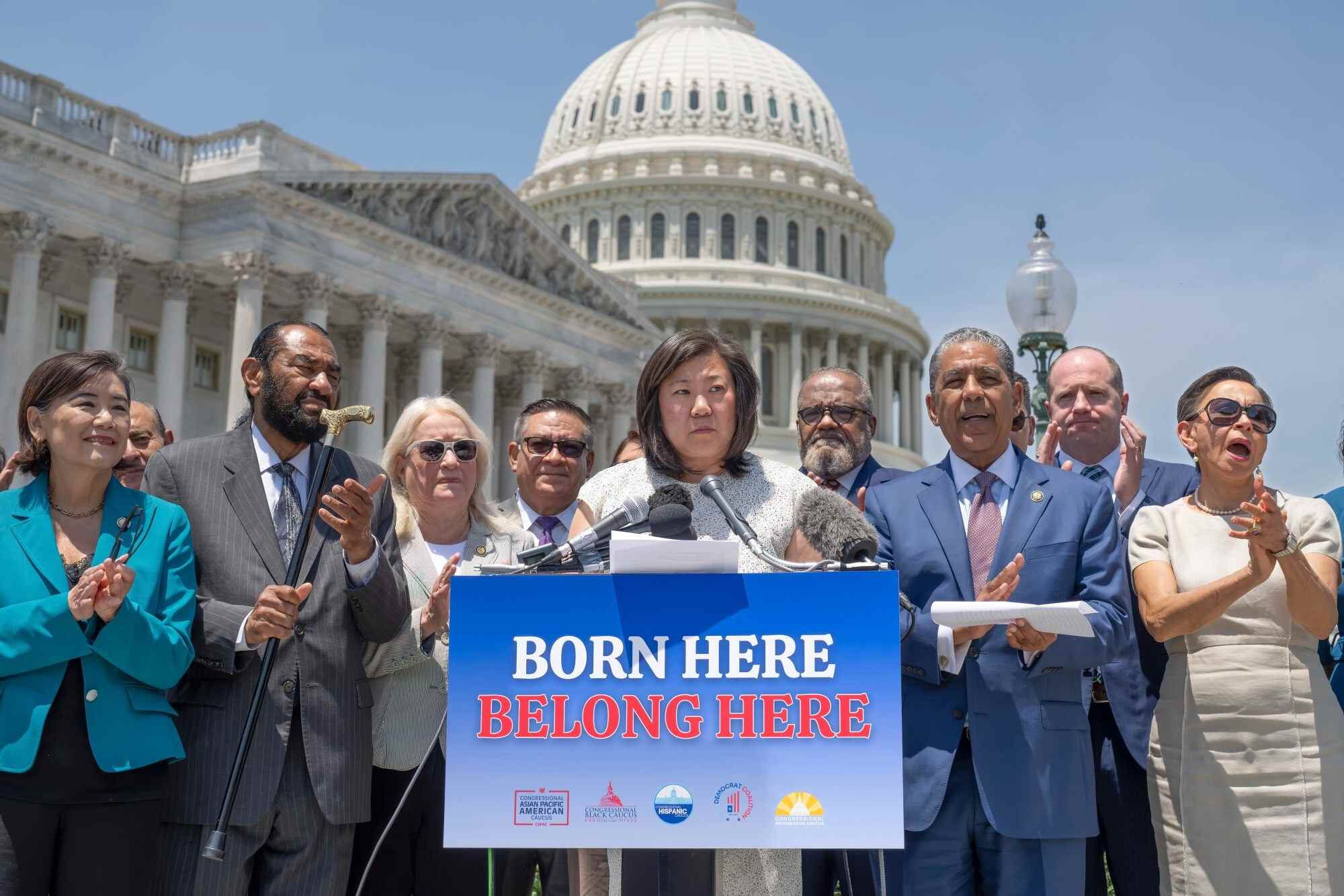 Grace Meng (centre), chair of the Congressional Asian Pacific American Caucus, and other Democratic House members react to the US Supreme Court’s decision to uphold birthright citizenship in Washington on Tuesday. Photo: AP