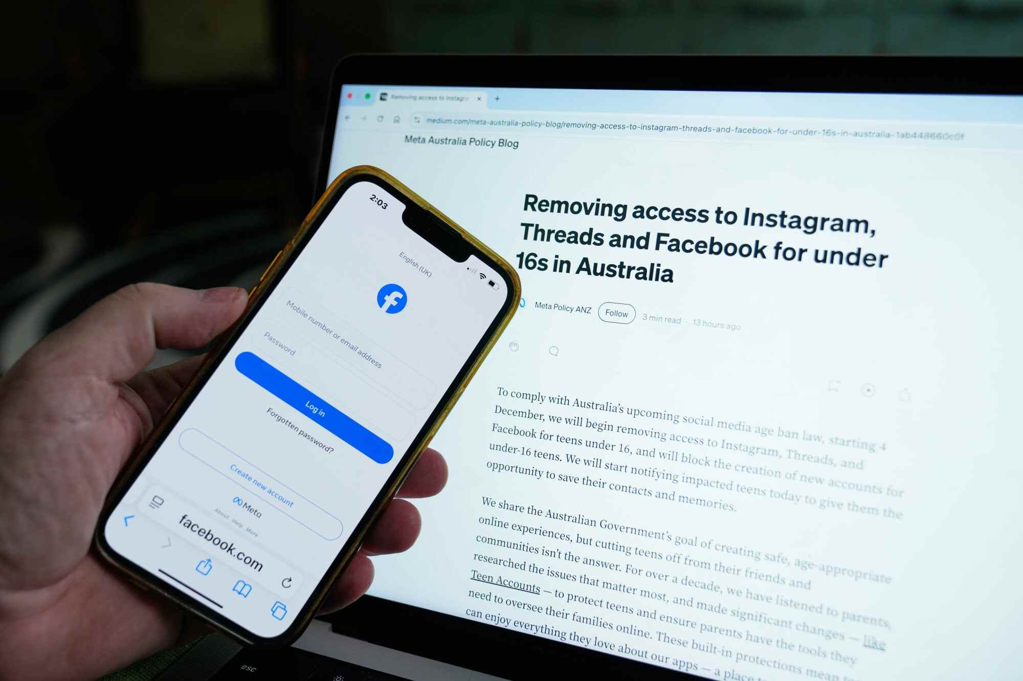 A Facebook login screen and the new Meta policy. One study found that 85 per cent of Australians aged 12 to 15 ‌were still using social media three months after the ban took effect. Photo: AP