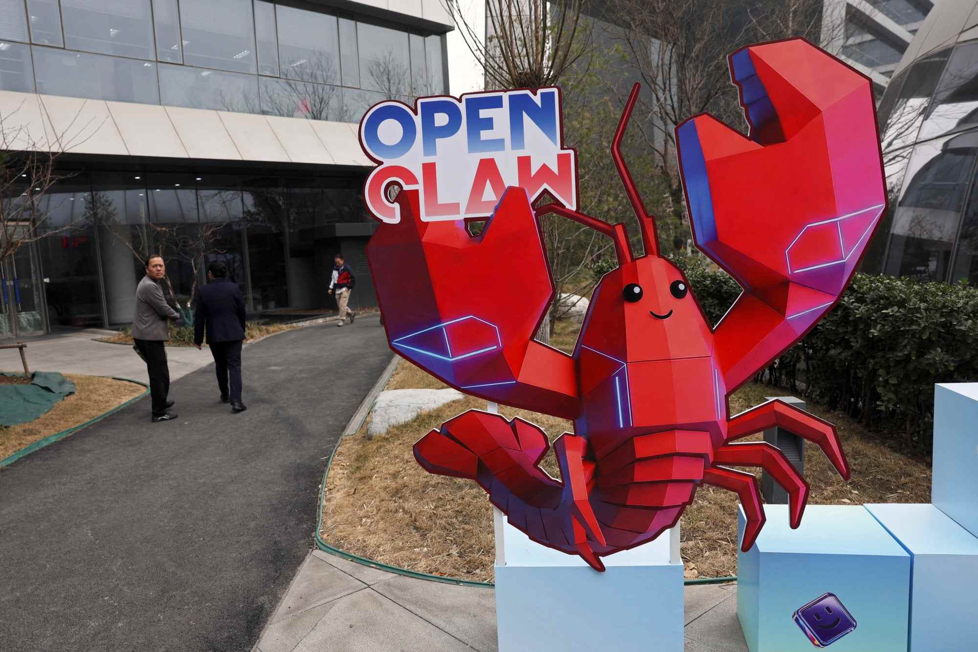 A lobster-shaped cut-out representing OpenClaw, an open-source AI agent, stands amid the Baidu offices in Beijing, China. Photo: Reuters