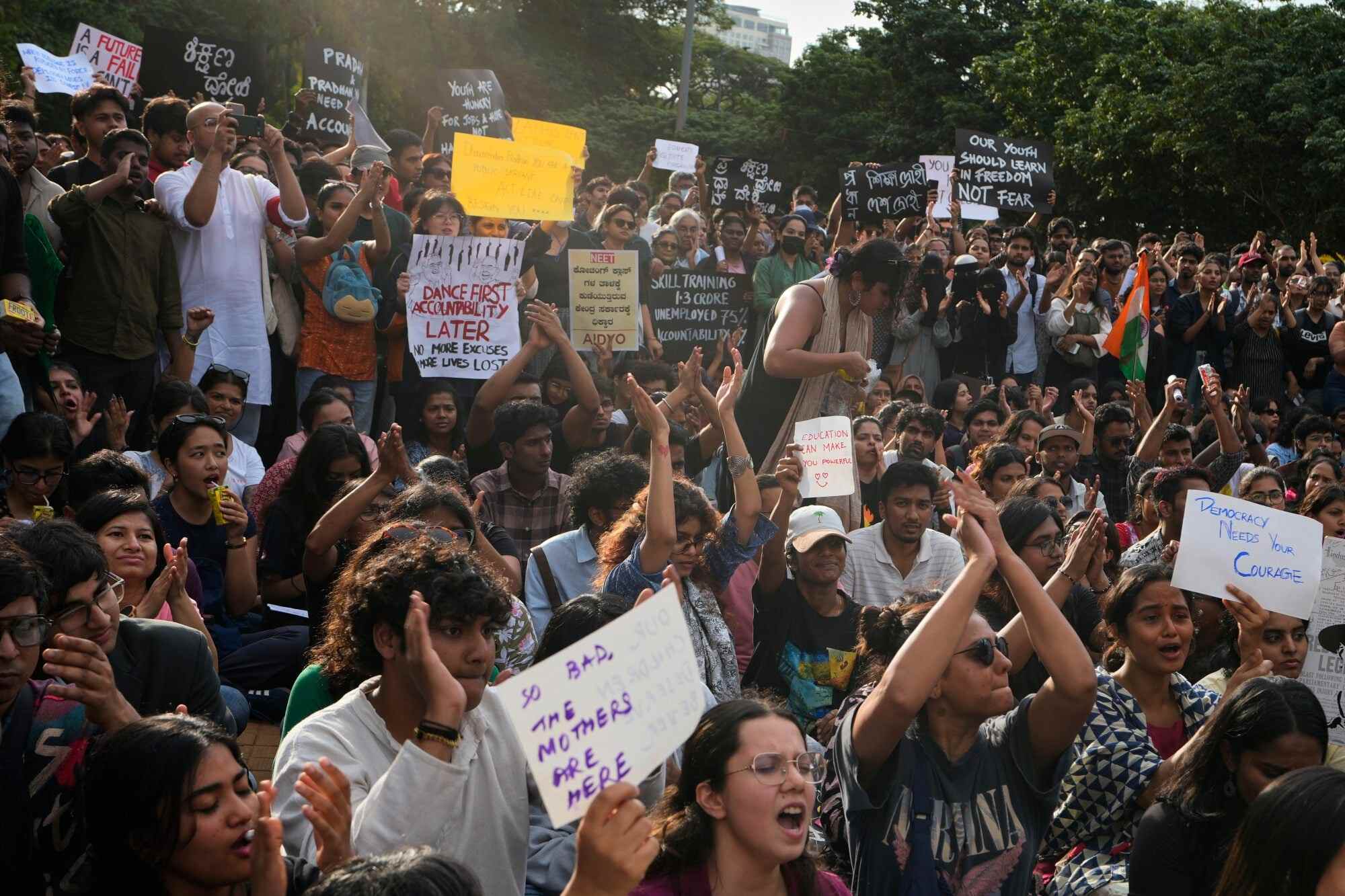 People attend a protest demanding educational reforms in Bengaluru. Photo: AP