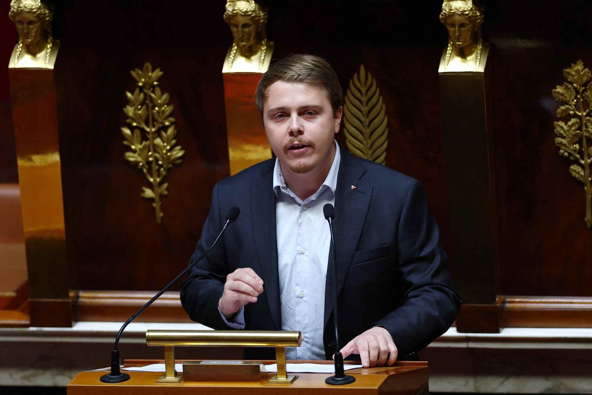 Member of parliament Louis Boyard of La France Insoumise (France Unbowed - LFI) delivers a speech during a debate before the vote. Lawmakers from the left-wing party opposed the bill, citing a lack of clarity and confusion on implementation. Photo: Reuters