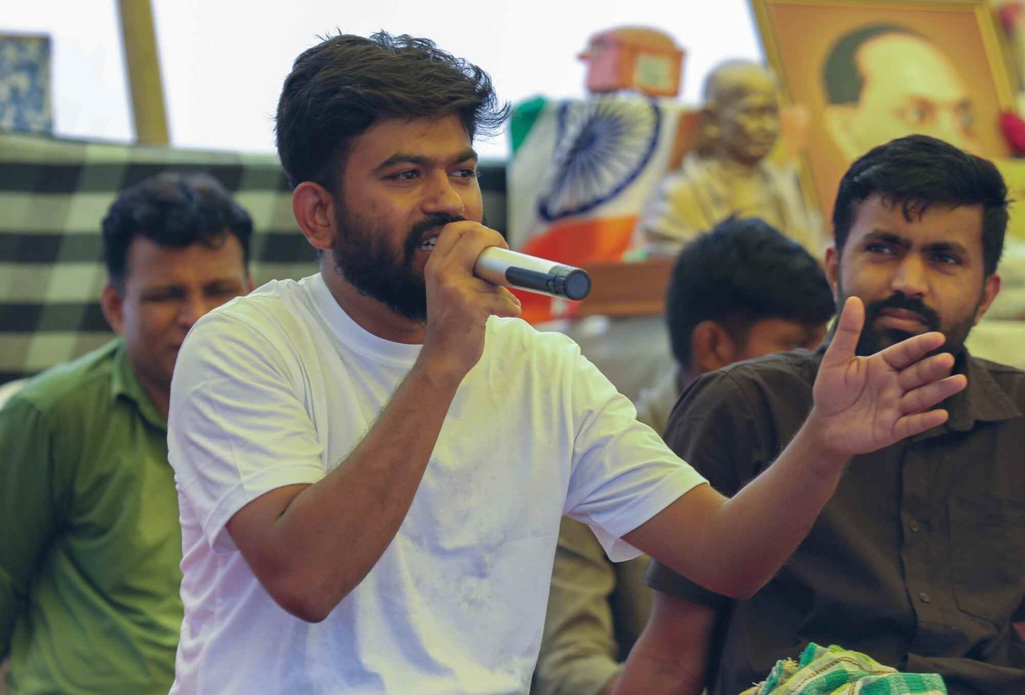 Cockroach Janta Party Founder and President Abhijeet Dipke takes part in a demonstration at the Jantar Mantar protest site in New Delhi. Photo: EPA
